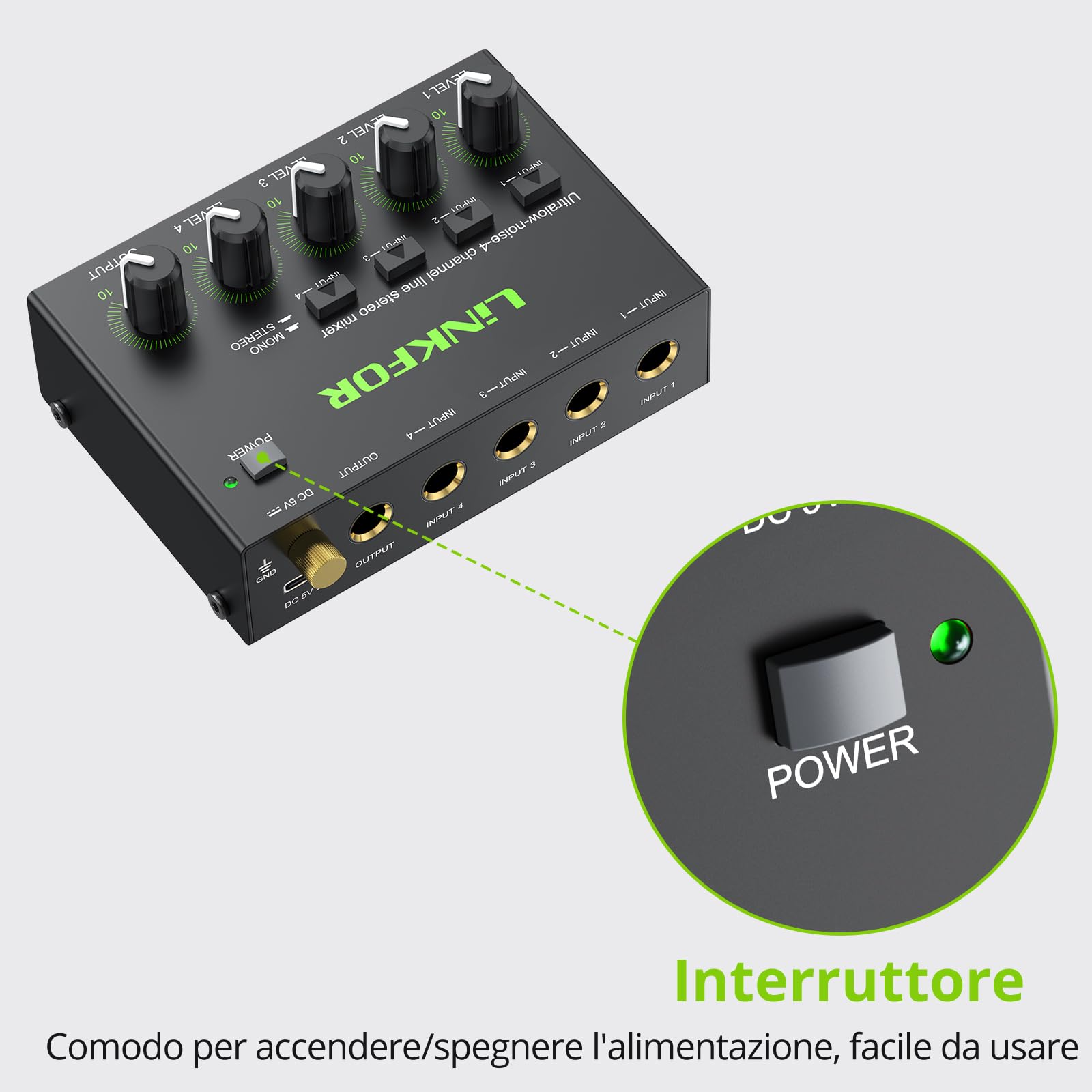 LiNKFOR Mixer Audio 4 Canali Stereo Multifunzionale 4 Channel Audio Mixer con Controllo Indipendente del Volume Audio Mixer 4 Canali per Piccolo Bar Microfoni Chitarre Bassi Tastiere e Mixer di Palco