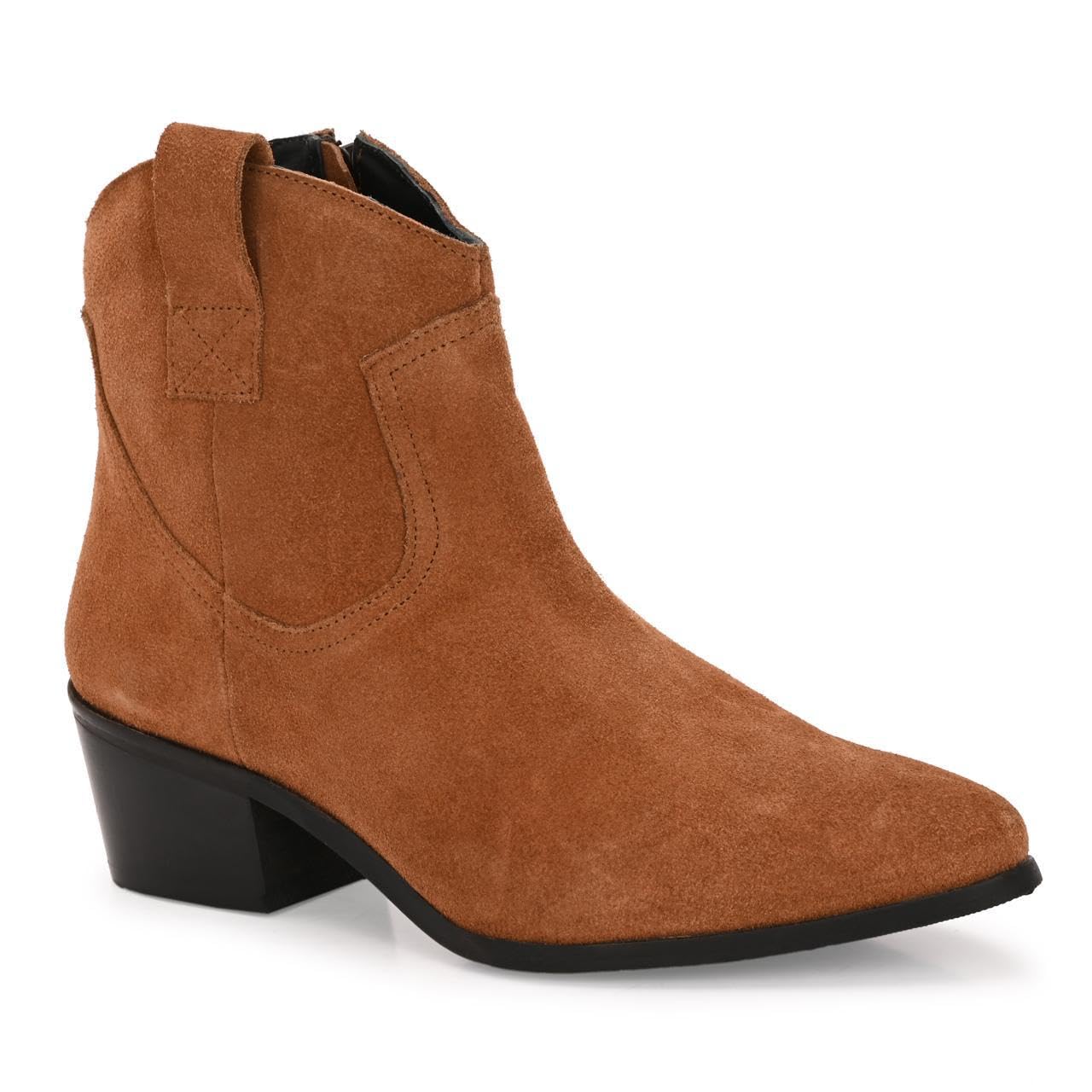 elegantoe Women's Tan Genuine Leather Western Ankle Boots Low Block Heel & Side Pull Tabs (804)-picture-43