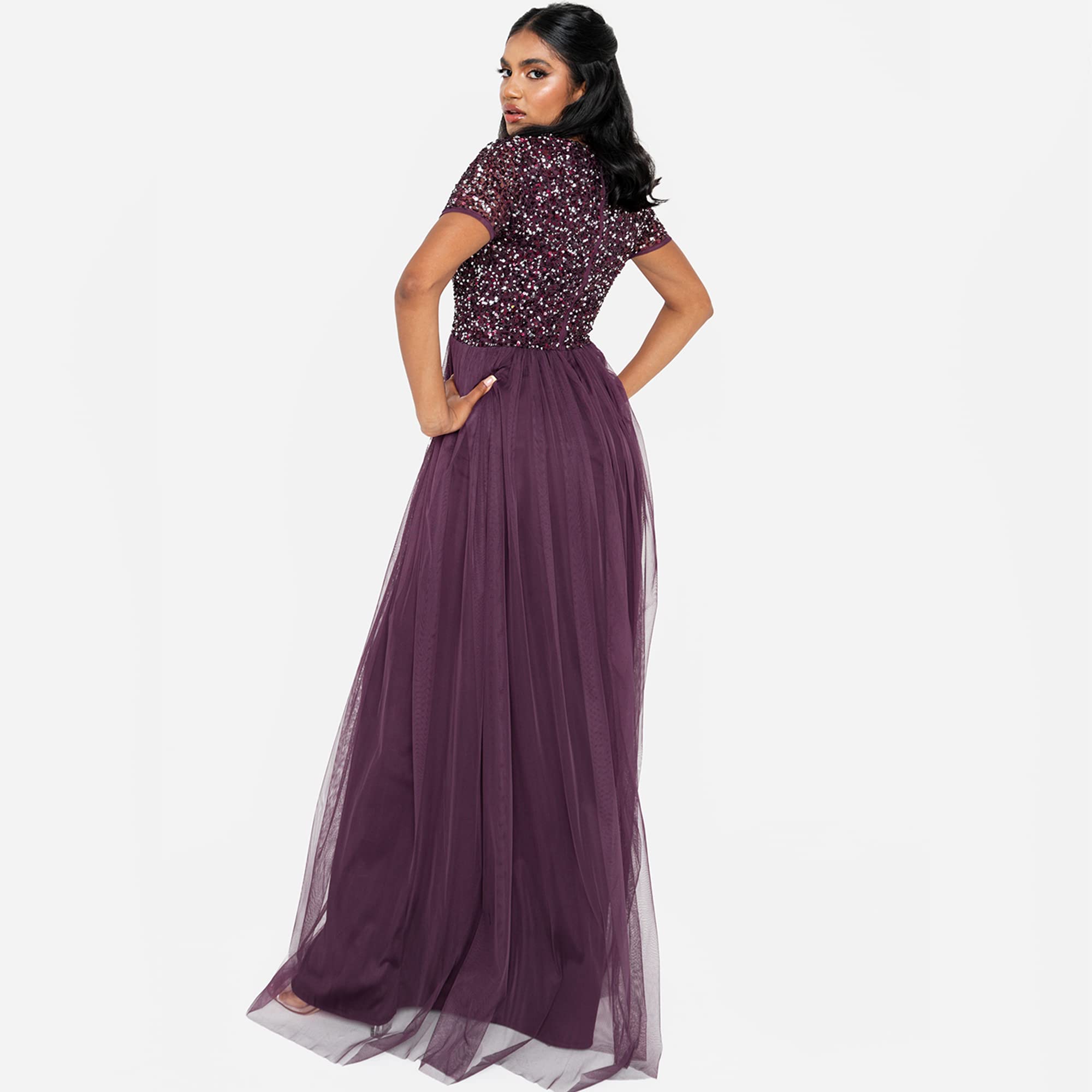 Maya Deluxe Damen Ballkleid Abendkleid V-ausschnitt Maxi Länge Pailletten Kurze Ärmel Für Hochzeit Geburtstag Brautjungfer Bridesmaid Dress – Bild 6