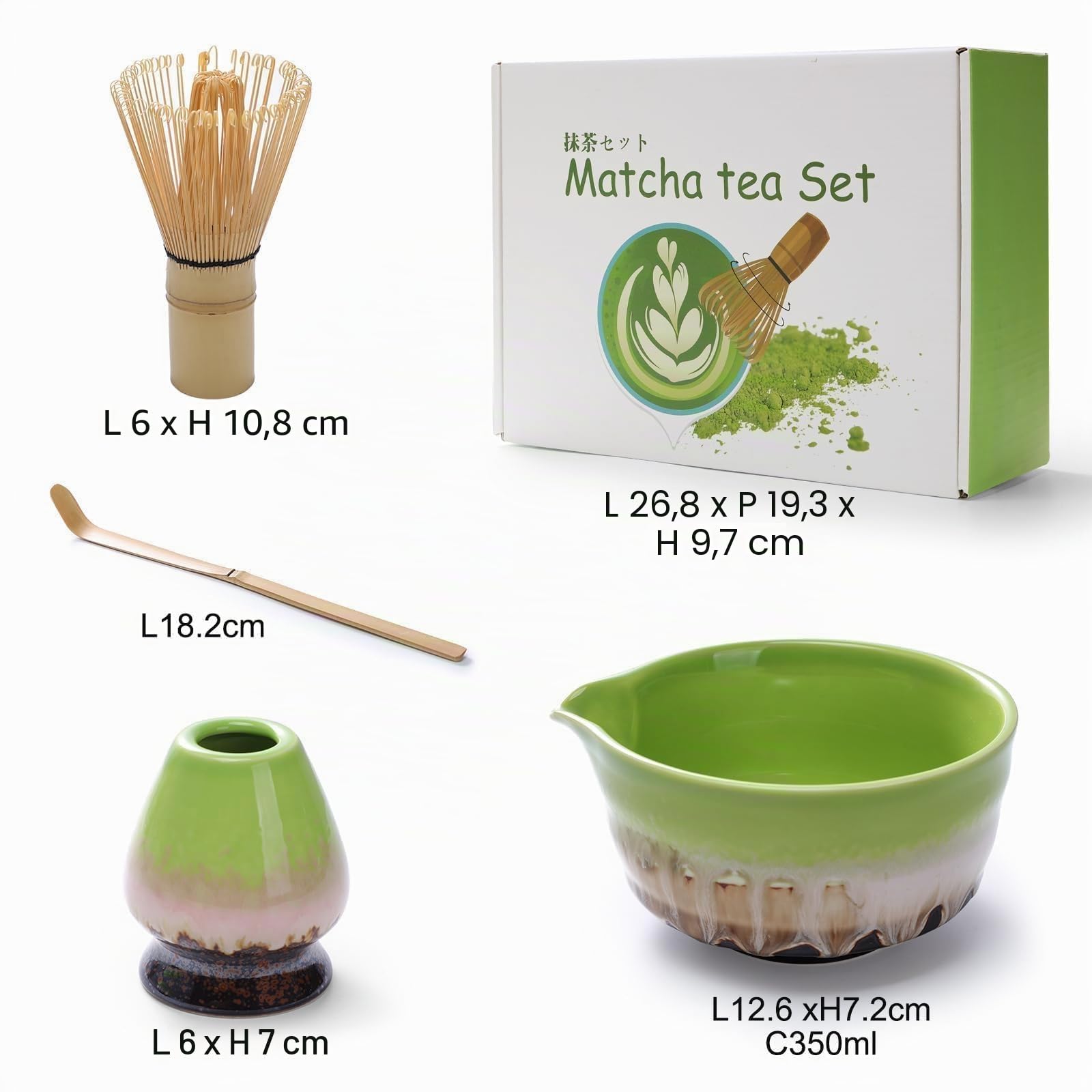 Premium Matcha Set di 4 pezzi Chase in bambù, cucchiaino, supporto in ceramica, ciotola per beccuccio, accessorio perfetto per cerimonia del tè giapponese, regalo per gli amanti del matcha