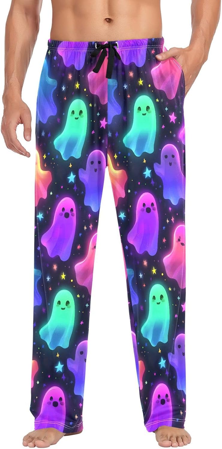 ALAZA Colorful Ghost Stars Pattern Men's Pajama Pants Men Cotton Pajama Bottoms with Pockets, S