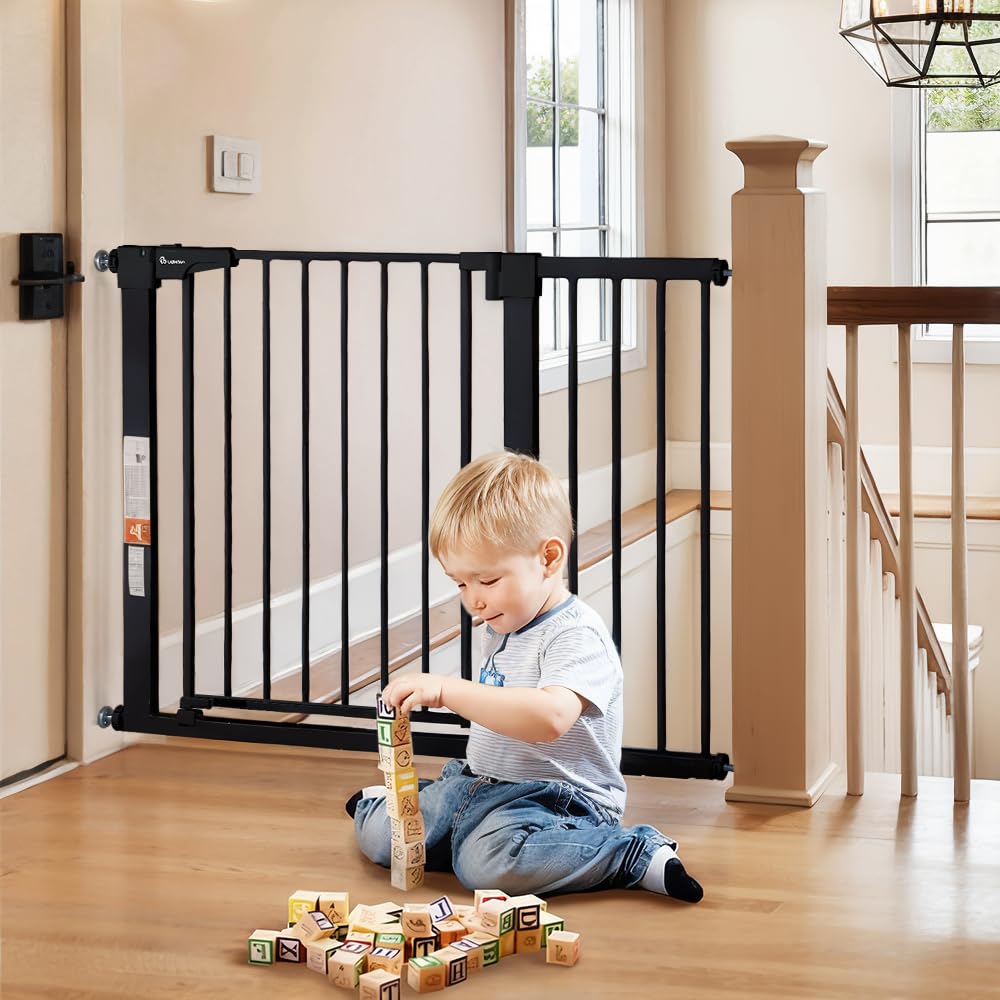 COMOMY 75-110cm Stair Gate for Baby, Auto Close Dog Gates Indoor, Pressure Fit Child Safety Gate for Doorway, Wide Pet Gate with Door for the House, Metal Gate with Extensions (76cm Tall, Black)