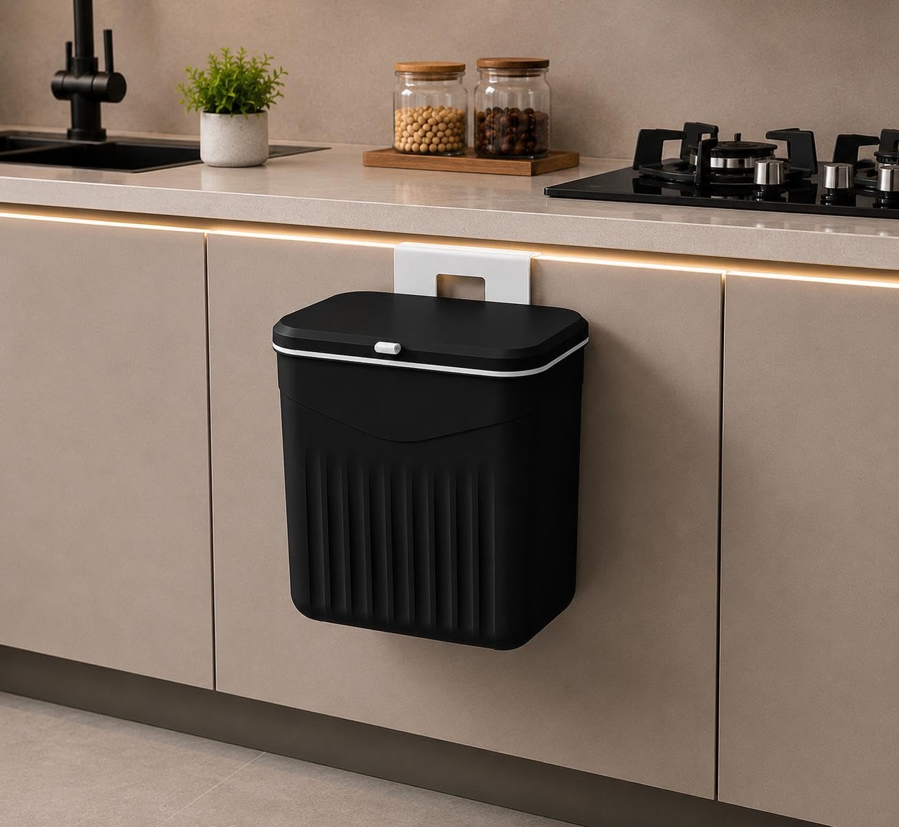 Plastic Hanging Kitchen Trash Can with Lid– Cabinet Door Hanging Garbage Bin, Double-Sided Open Flip Lid, Wall Mounted Kitchen Waste Bin, Under Sink Storage Trash Bucket(7L,Black)-picture-12