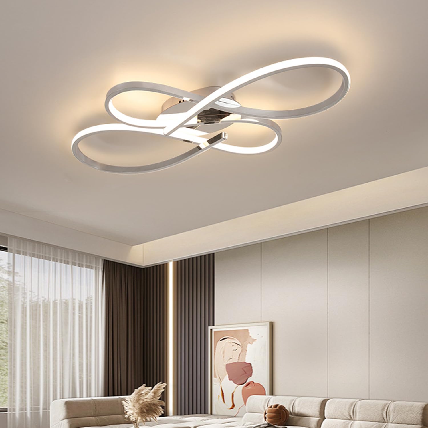 Dimmable Living Room Ceiling Light LED Modern Ceiling Lamp with Remote Control Bedroom Lamp Dining Room Hanging Lamp for Living Room Pendant Lamp For Bedroom Dining Room Kitchen Lamp (Chrome, L80cm)