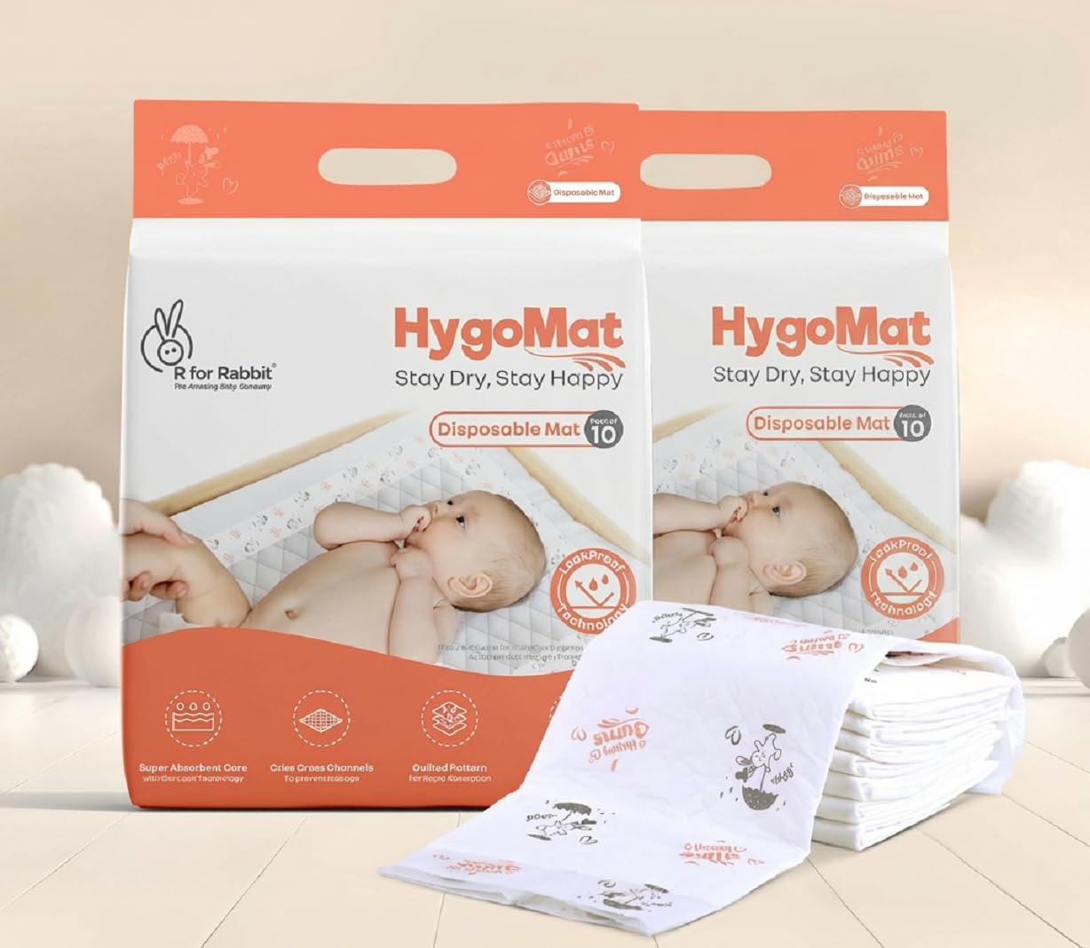 R for Rabbit HygoMat Baby Disposable Changing Mats | 60x60 cm, Pack of 20 Combo Super Absorbent Leak-Proof Underpads | Ultra-Soft Anti-Bacterial Kids Diaper Changing Bed Protector Sheets (White Bunny)