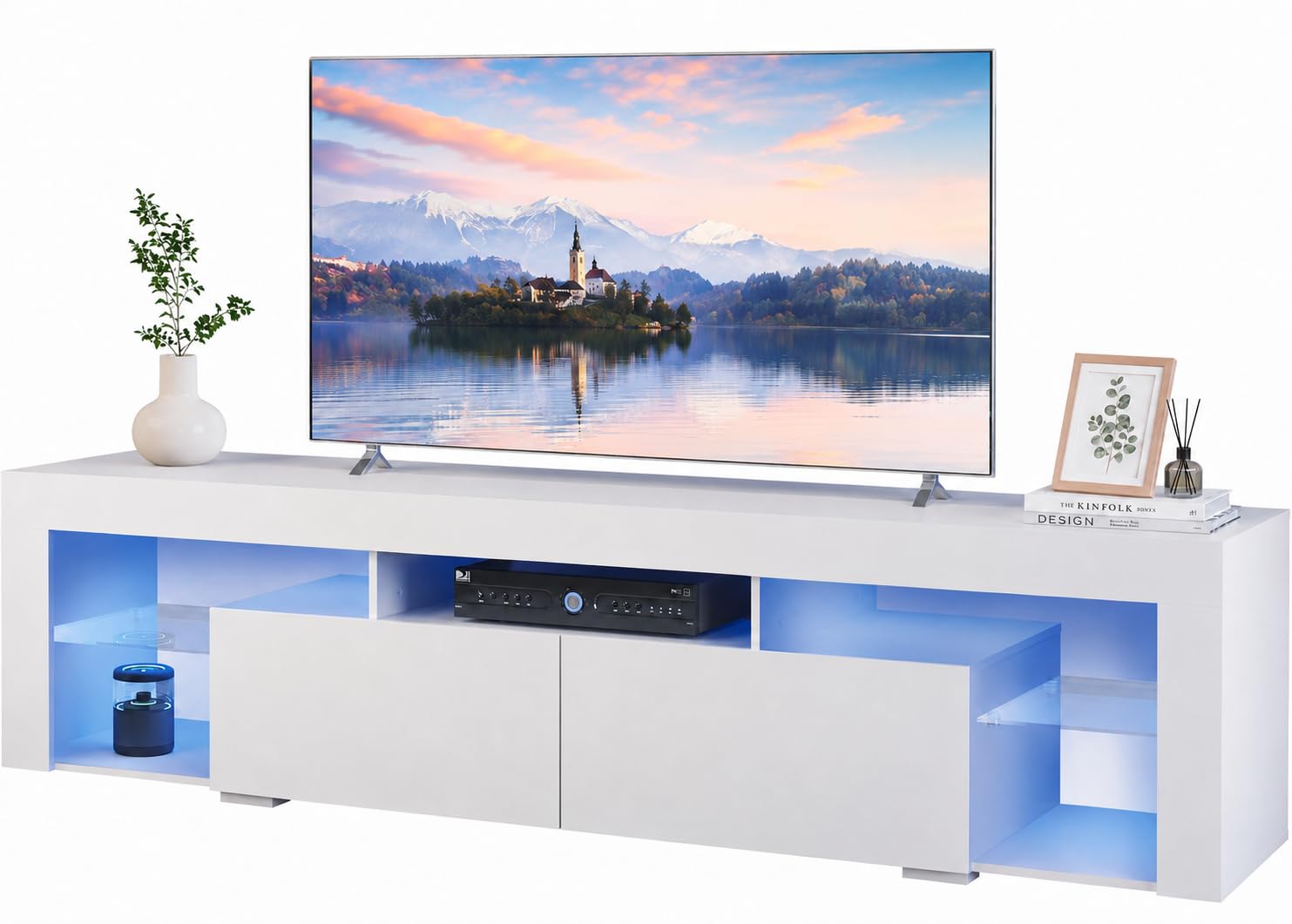 WLIVE TV Stand Cabinet for 70 Inch TV, White TV Unit with 20 Color RGB LED — image 1