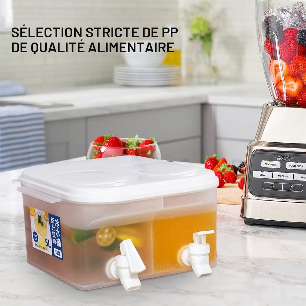 Distributeur d'eau de réfrigérateur de 5 L, distributeur de boissons en plastique étanche avec robinet, distributeur de boissons de grande capacité avec robinet(25,5 x 24,5 x 13 cm)