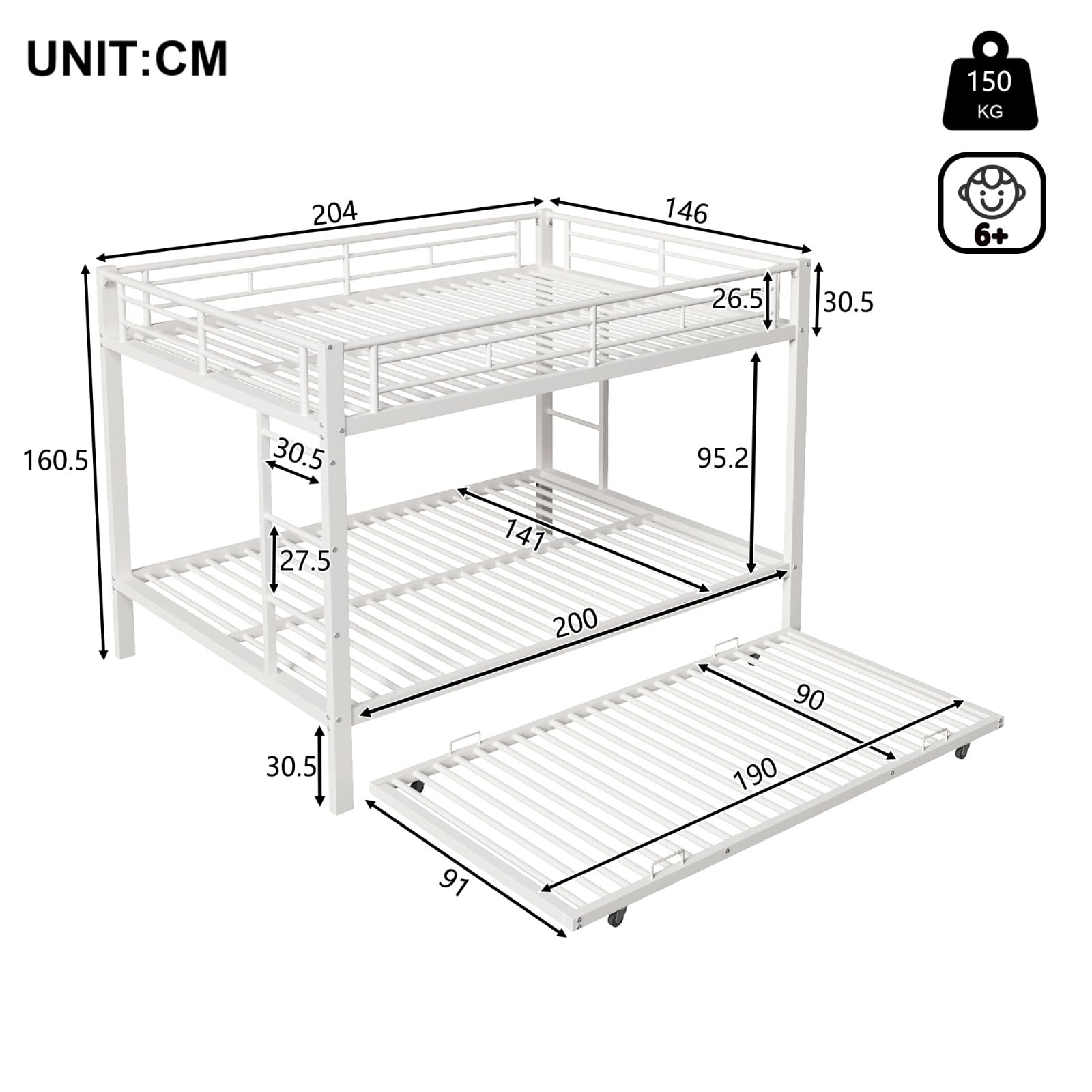 PUGSDRLY Lit Superposé 3 Places avec Lit Gigogne, Structure en Métal Robuste, lit Mezzanine 2 Places avec Haute Barrière de Sécurité, pour Étudiant, Adulte (Blanc+Métal, 140 * 200cm)
