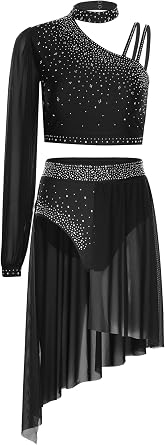 Women Lyrical Dance Costume Sparkly Rhinestone Asymmetrical Crop Top Flowy Mesh Tulle Skirt