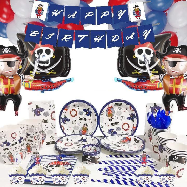 All-Inclusive Pirate Theme Party Pack for 16 Guests, 231pcs, Banner, Tablecloth, Tableware Set, Party Hat, Cake Toppers, Wrapper, Popcorn Box, Goodie Bag, Latex Balloons, Foil Balloons, etc.