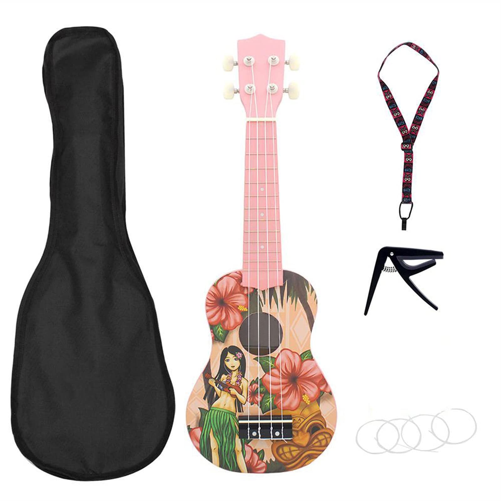 Ukulele koncertowe Początkujący Ukulele 21 Inch Ukulele Basswood Ukelele Z Hawaii Dziewczyna Wzór Torba Pasek String Capo Acoustic Instrument Zestaw Do Nauki Muzyki