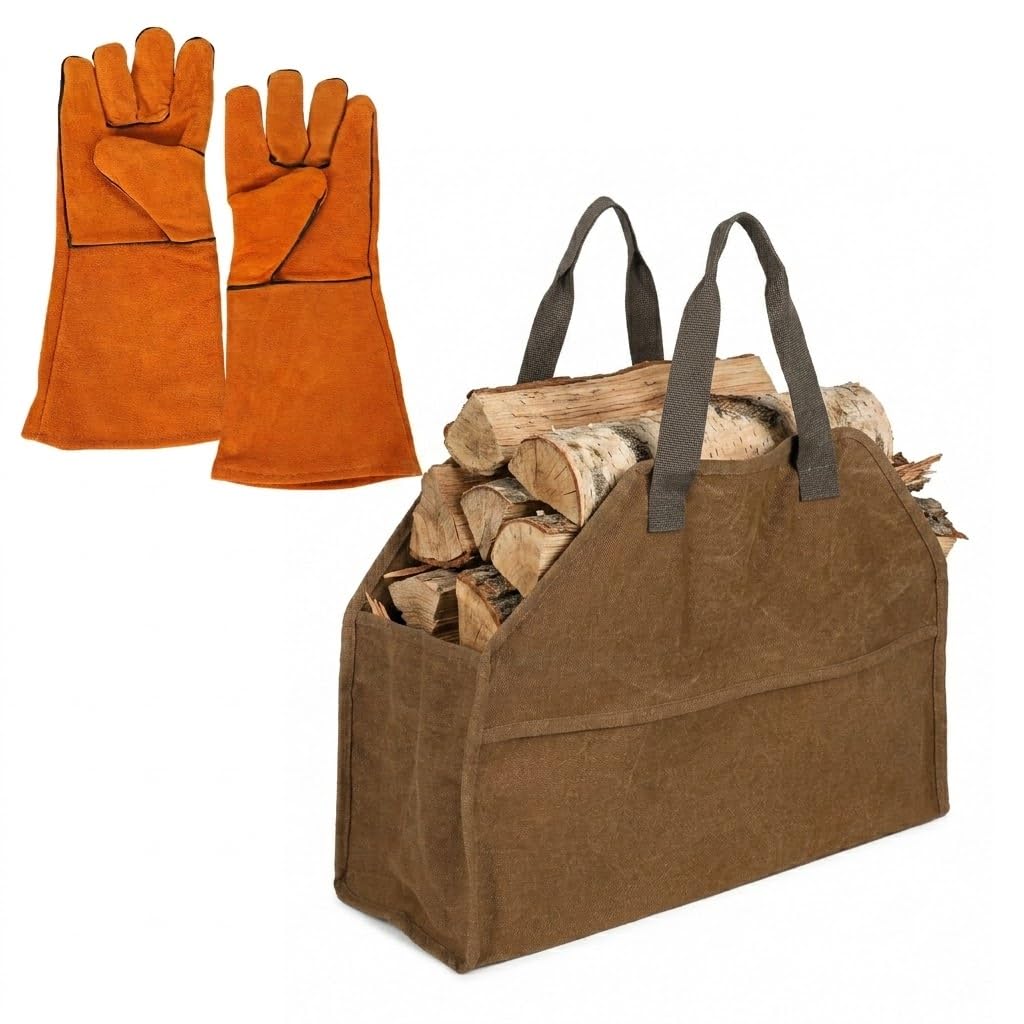 Borsa per legna da ardere, borsa per legna da ardere con guanti ignifughi