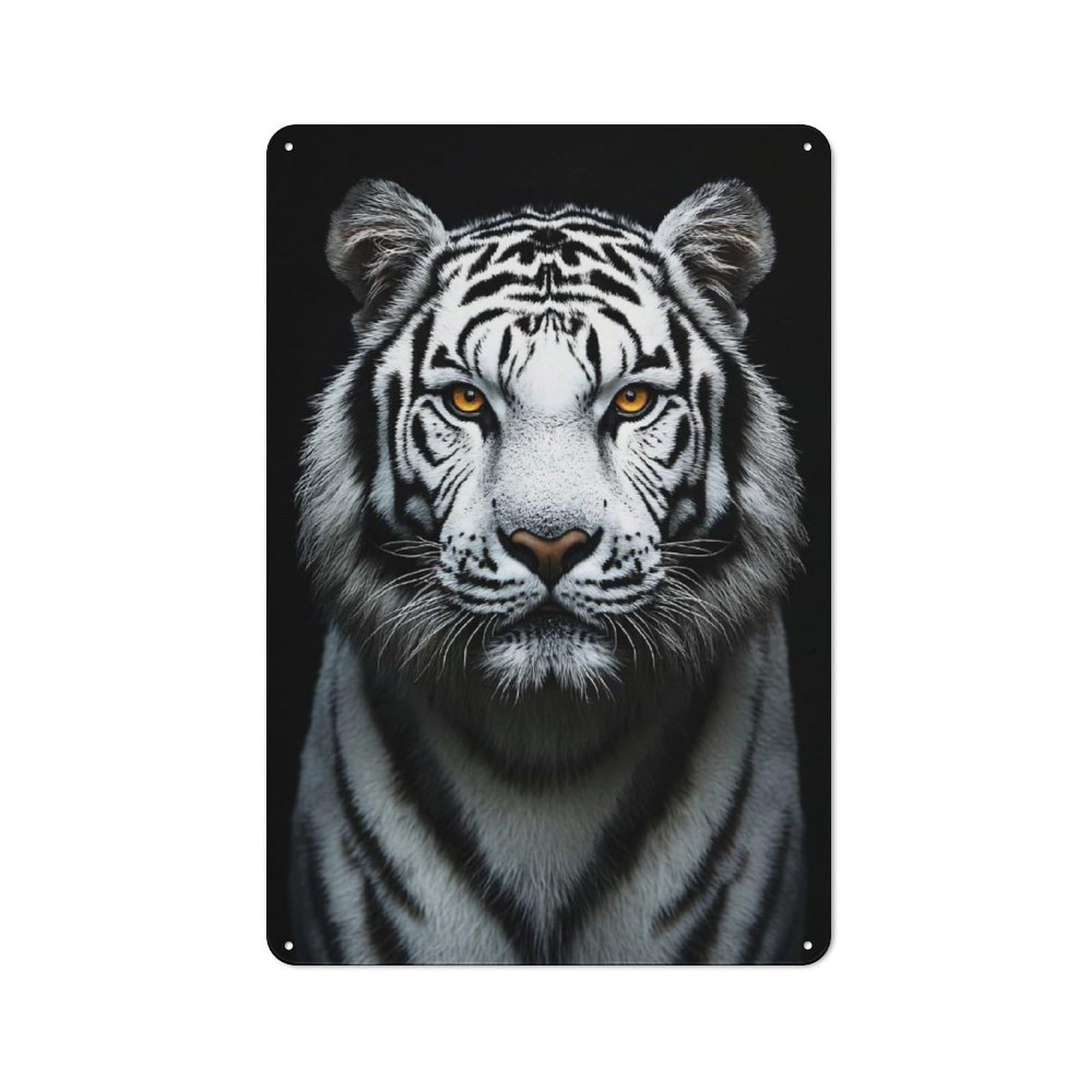 Classic Vintage Metal Sign 30x20cm Featuring Majestic White Tiger Portrait on Black, Home Bar Decor for Cafe, Pub, Workshop Or Home Bar