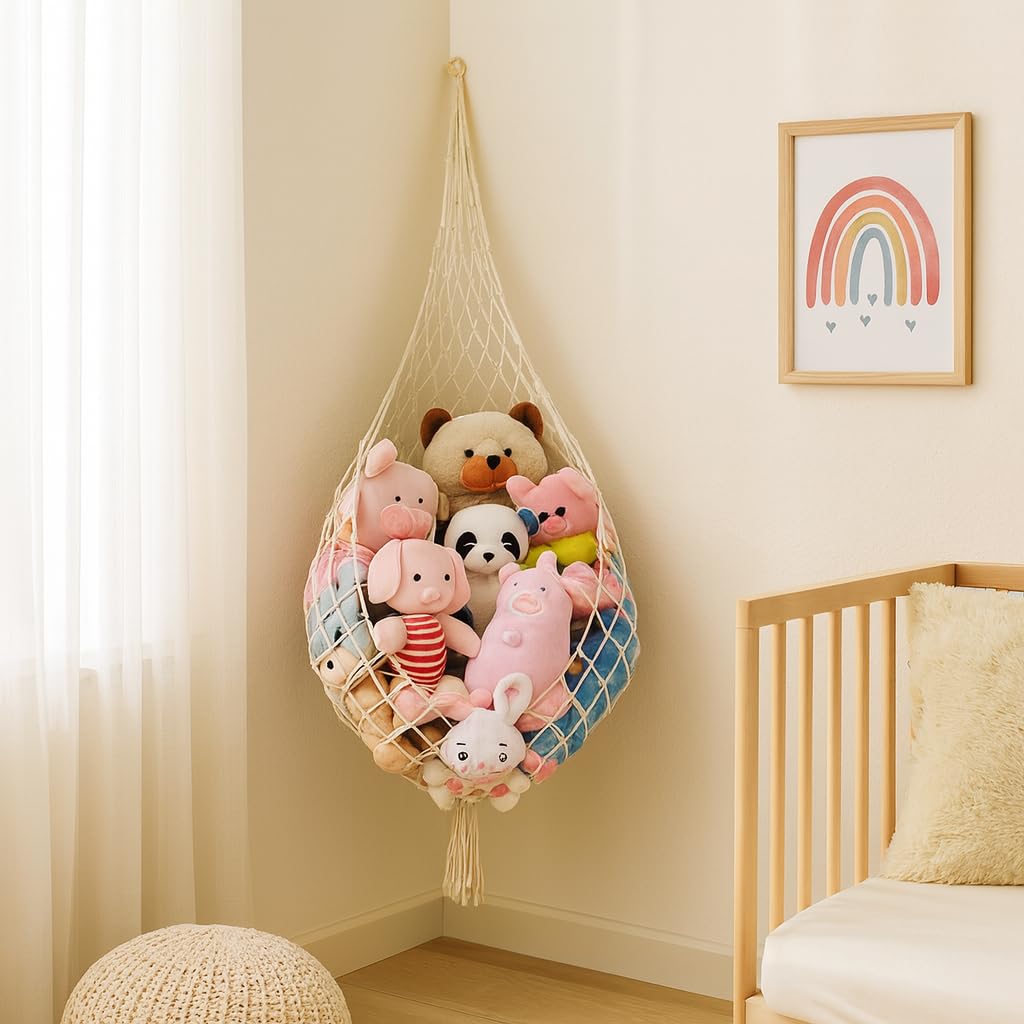 ecofynd Stuffed Animal Toy Hammock, Hanging Cotton Organizer Storage for Soft Toys, Boho Large Hang Plush Toys, Net Holder for Nursery Kids, Play Room, Bedroom, Kid Room (BH027)