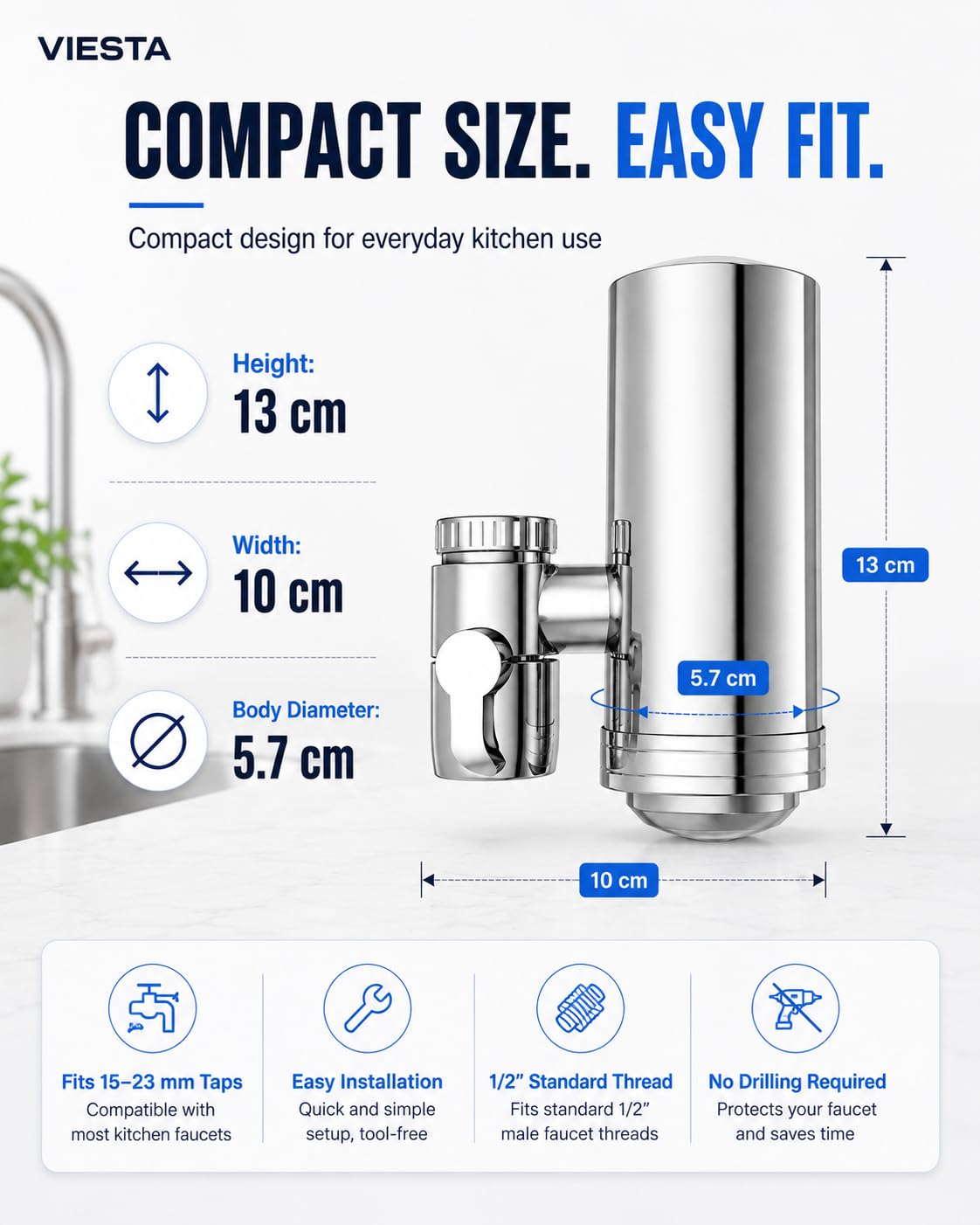 VIESTA® WF100 filtro de grifo acero inox 304, triple 0,01 µm, hasta 2.400 L | CERÁMICA + CARBÓN ACTIVO + MEMBRANA UF: reduce sedimentos, partículas, óxido, turbidez, cloro, microplásticos y microbios