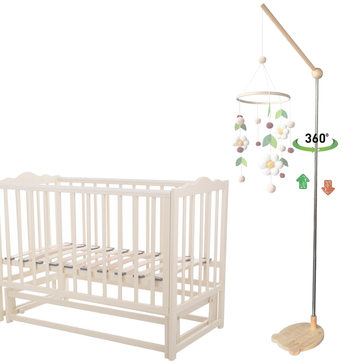 Tuiiopoli Crib Mobile Wooden Arm, Free Lifting and lowering 67 Inches Standing Mobile Arm Suitable for All Cribs 100% Natural Larch Hanger Nusery Decor Baby Room Safe Holder(Mobile is not Included ）