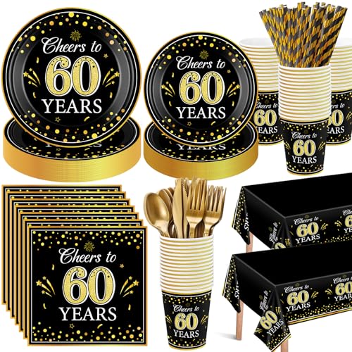 Image of Funnymoom 452 Pcs 60th Anniversary Party Decorations, Cheers to 60 Years Paper Plates Napkins Cups Tablecloth Cutlery Straws Disposable Tableware Set for 60th Birthday Party Supplies for 50 Guests