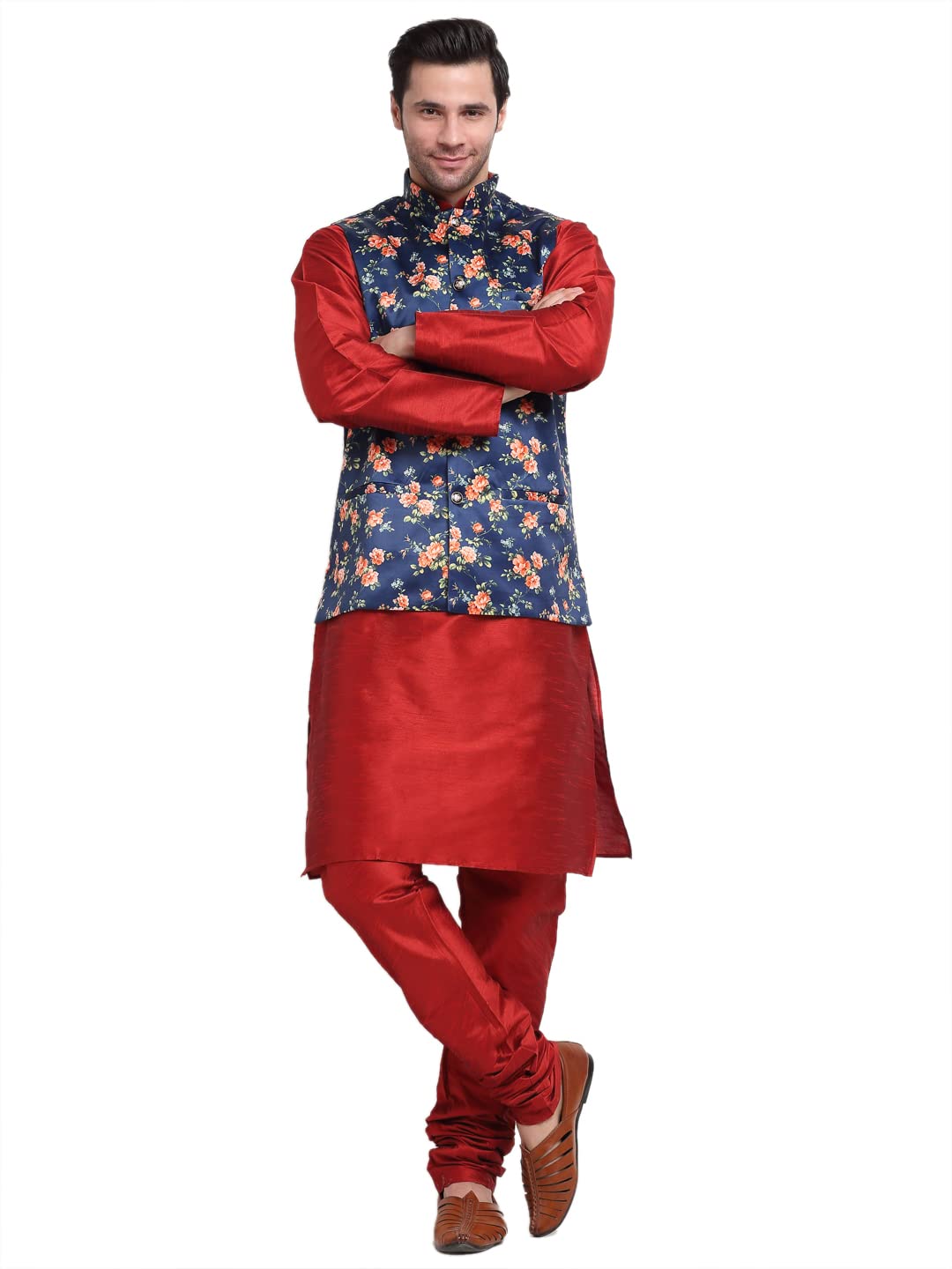 Men Maroon Kurta Churidar With Satin Nehru Jacket-image-13
