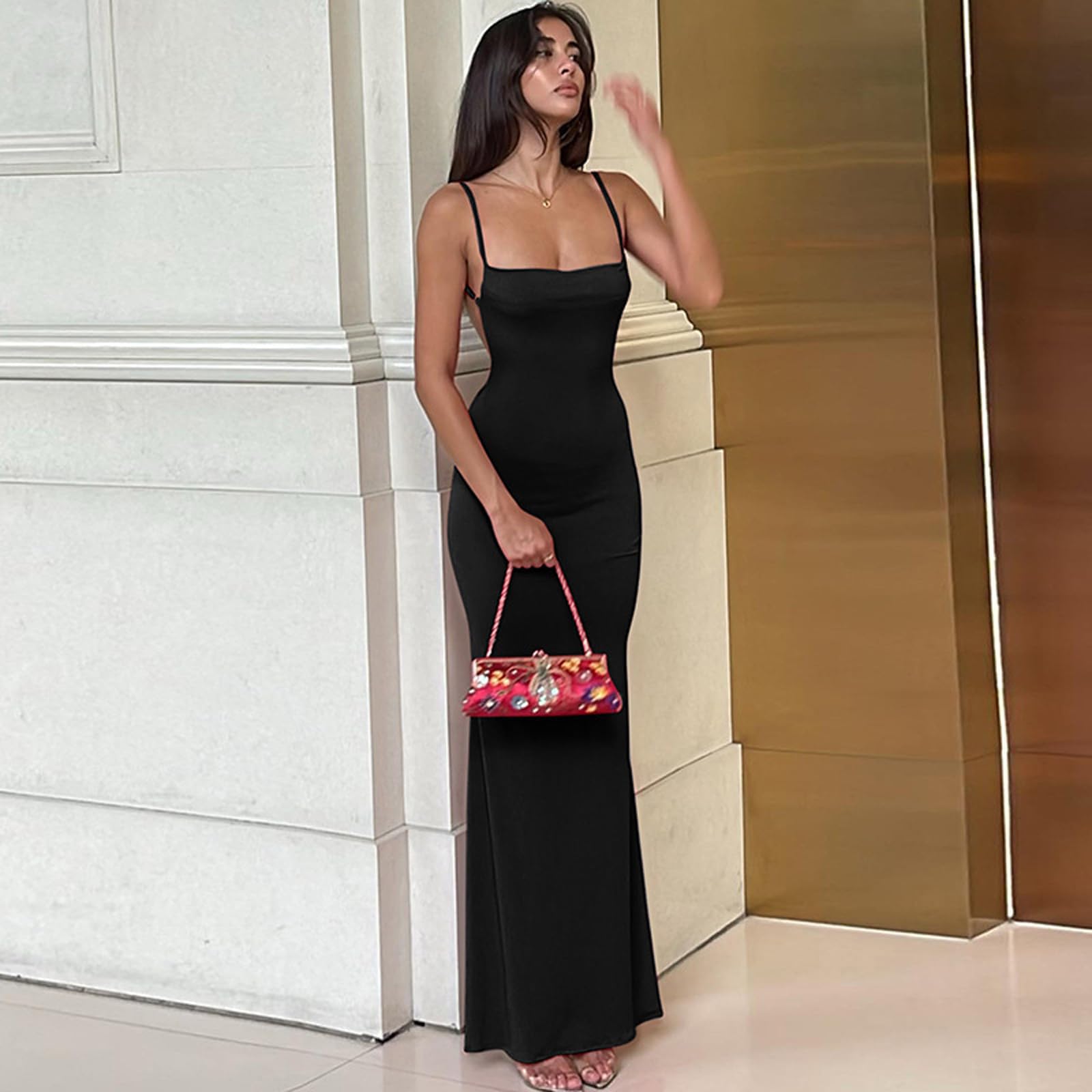 Vestito Lungo Donna Sexy Spaghetti Strap Maxi Abito Estivo Bodycon Senza Schienale Vestito Elegante Senza Maniche Collo Quadrato Vestiti da Sera Aderente Abito da Discoteca Cocktail Festa Cerimonia