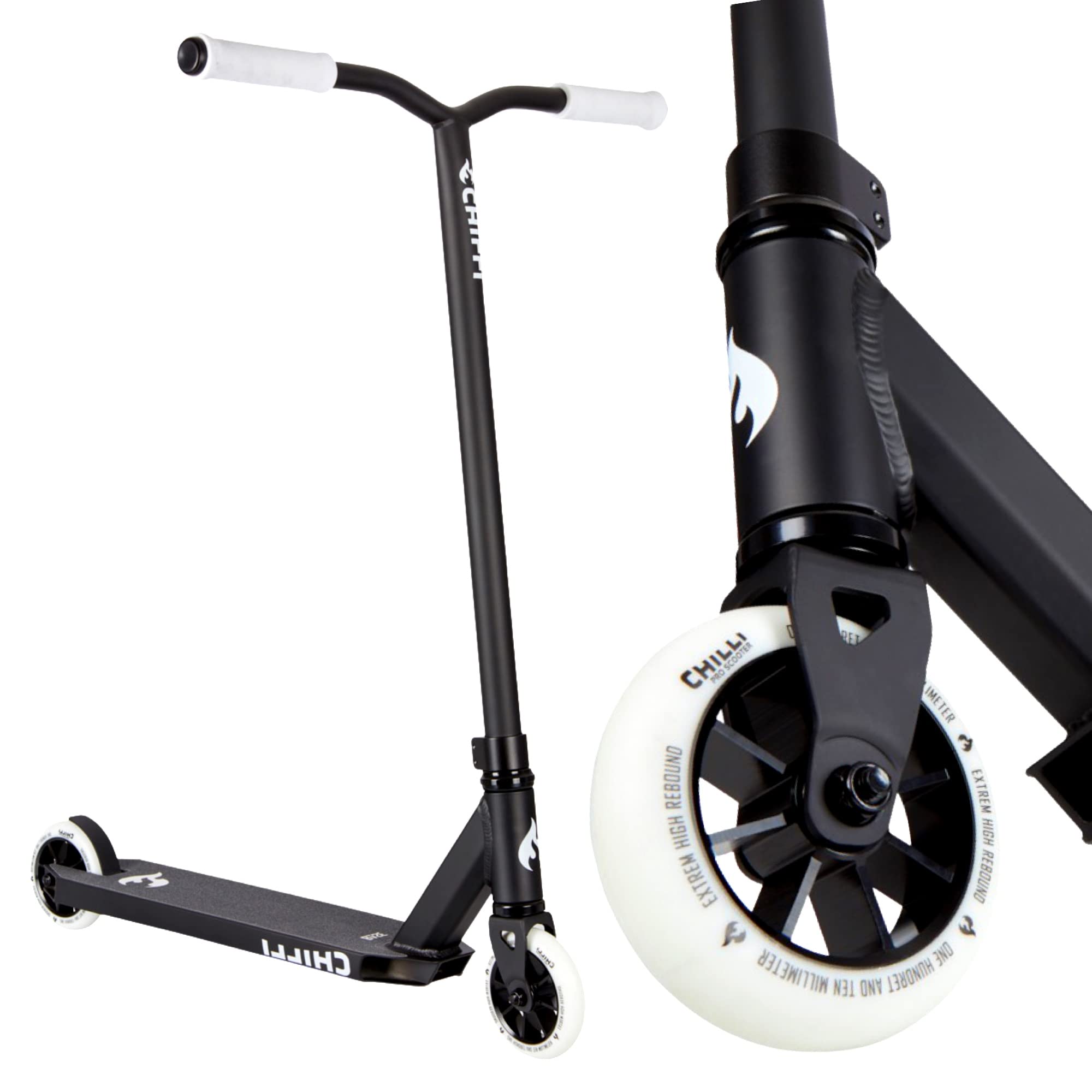 Chilli Pro Base Patinete para acrobacias de parque y punto, Patinete Niño Dos Ruedas + cinta de agarre Fantic26 (altura: 82 cm), color negro y blanco