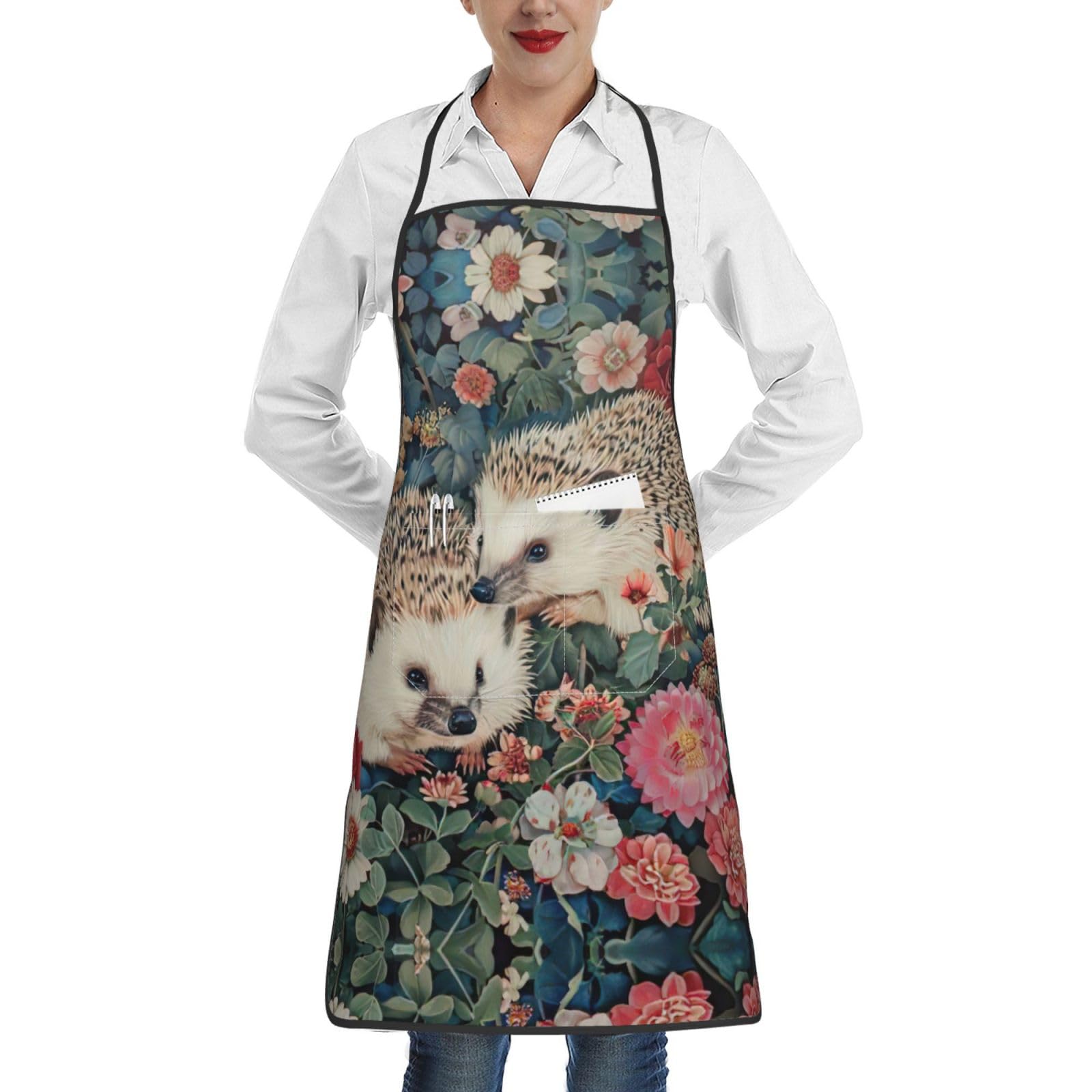 Yawea Unisex White Floral Hedgehogs Print Kitchen Aprons, Apron For Restaurant With Pocket Chef Aprons For Cooking Baking, One Size, One Size