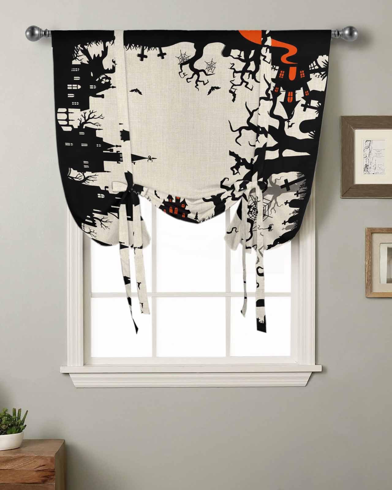 Halloween Tie Up Curtains for Windows 63 Inch Length Balloon Curtains Kitchen Adjustable Balloon Window Shade Scary Cartoon Castle Forest Trees Retro Tie Up Valance Bathroom Curtain Window 46