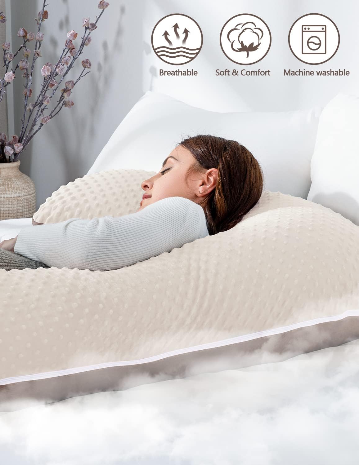 AngQi Body Pregnancy Pillow,L-Shaped Pregnancy Pillow for Side Sleepers,Maternity Body Pillow with Minky Dot & Velvet Cover Dot White & Brown