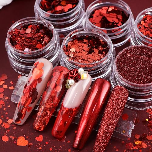 Valentine's Day Nail Art Glitter Sequins 3D Sparkly Love Heart Shape Nail Glitter Flakes Designs Laser Red Nail Glitters Supplies for Women Manicure Charm Decorations DIY Shiny Powder Nail Art Tips