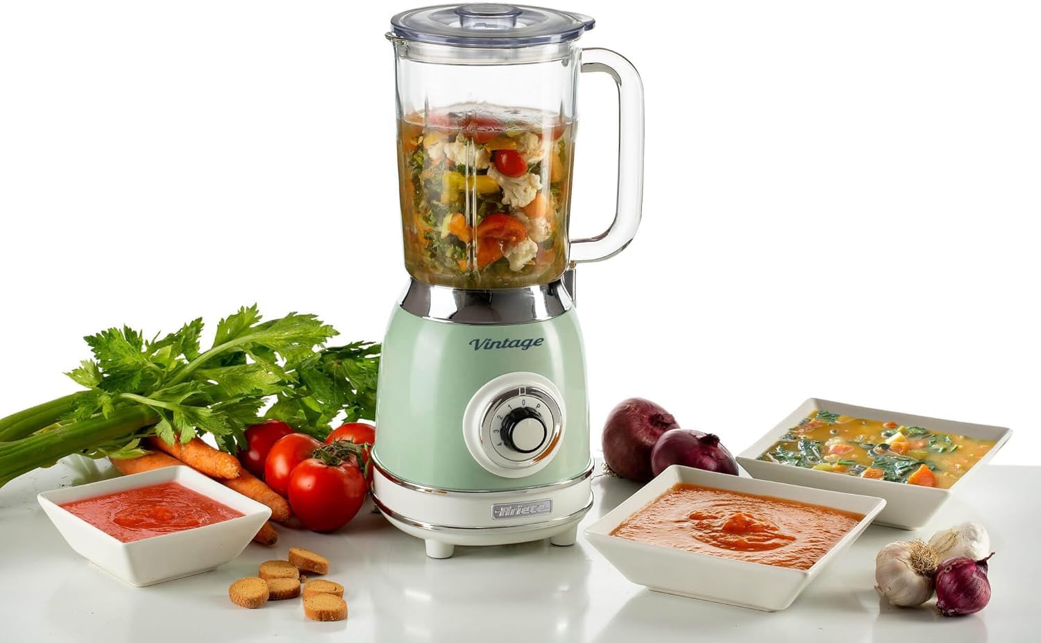 Ariete Mixeur en Verre Vintage 583, Blender Multifonctionnel avec 4 Lames, 4 Vitesses + Impulsion, Fonction Broyeur de Glace, Capacité de 1,5 Litre, 1000W, Vert