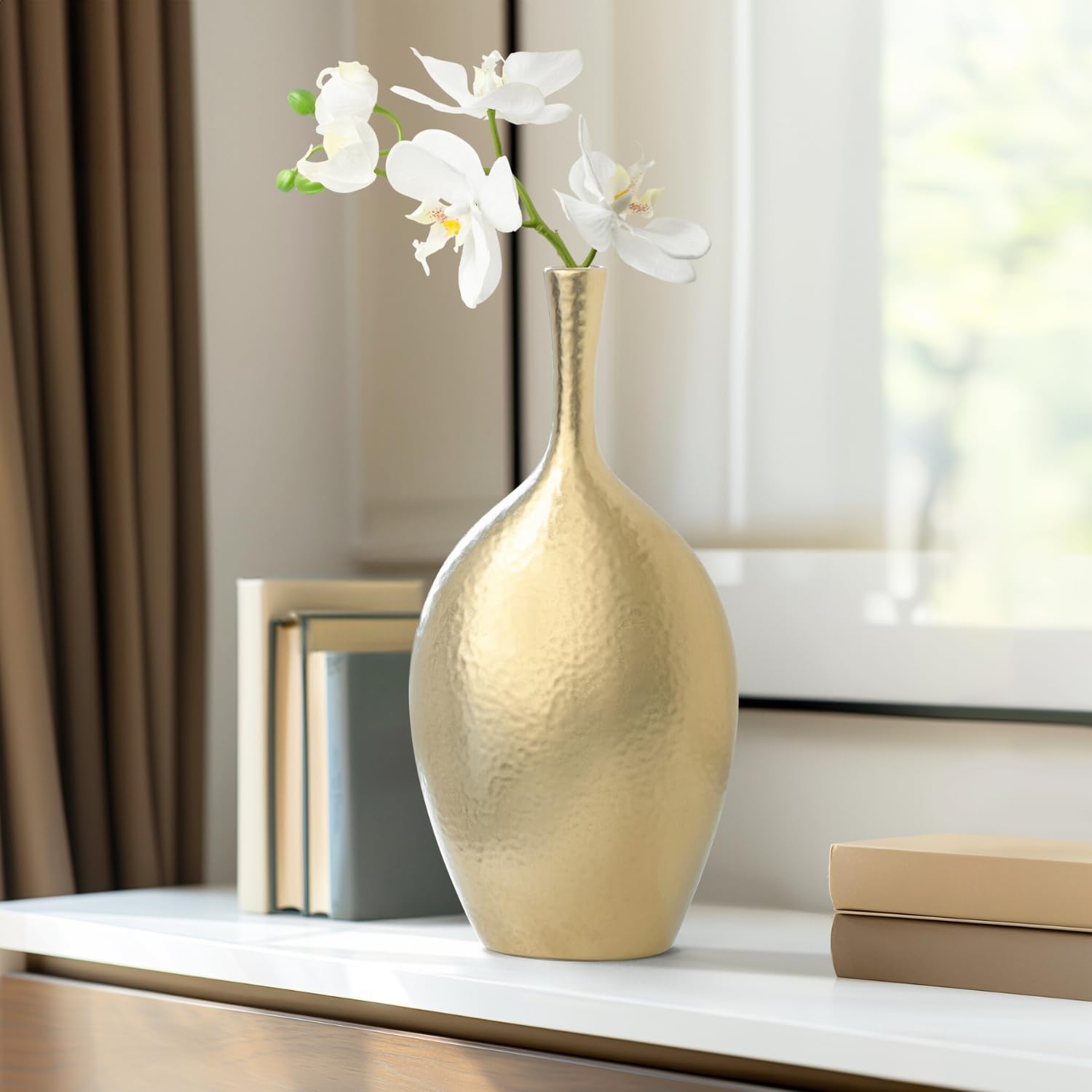 Torre & Tagus Lilo Dimpled Ceramic Vase Hand Crafted with Beautiful Finish for Living Room and Bedroom Faux Flower Holder, 6"x4"x12.25"H, Gold