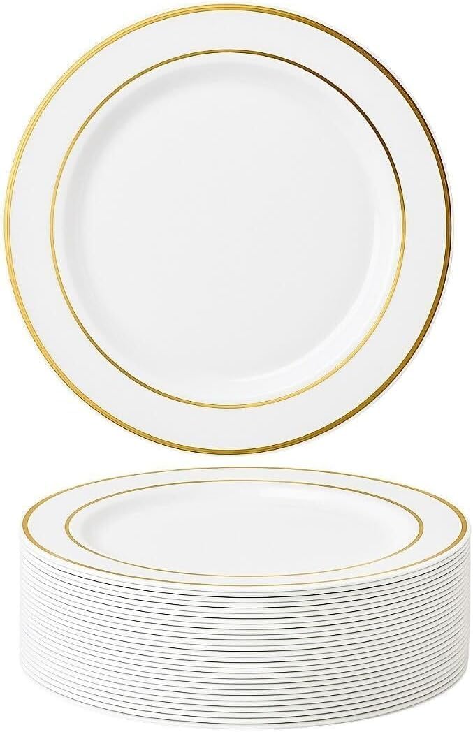 MATANA 50 Pack Premium White Plastic Dinner Plates with Gold Rim 26cm - Elegant Reusable Party Plates for Weddings, Birthdays, Picnics, BBQs