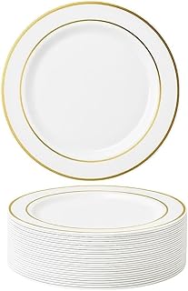 50 Premium White Plastic Dinner Plates with Gold Rim, 26cm / 10 Inch - Elegant & Reusable Party Plates for Weddings, Birthdays, Picnic, BBQ, Parties