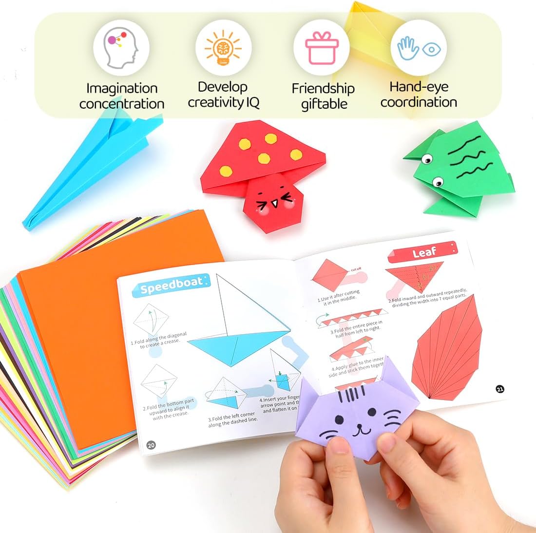 IOOLEEM Origami Paper Kit, 500 Sheets 20 Colors, Double Sided Colored Blank Folding Paper Set with Step-by-Step Instructions, Origami Kit for Art & Craft Supplies