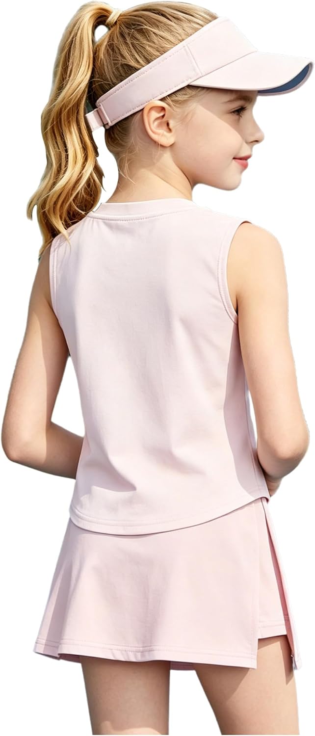 Girls Sport Tennis Outfit Sleeveless Top and Skort Set | Crop Top and Tennis Skorts,Elastic Waist,Solid Color,2 Pieces Outfits,Street Activity,Competitive Sports,After School