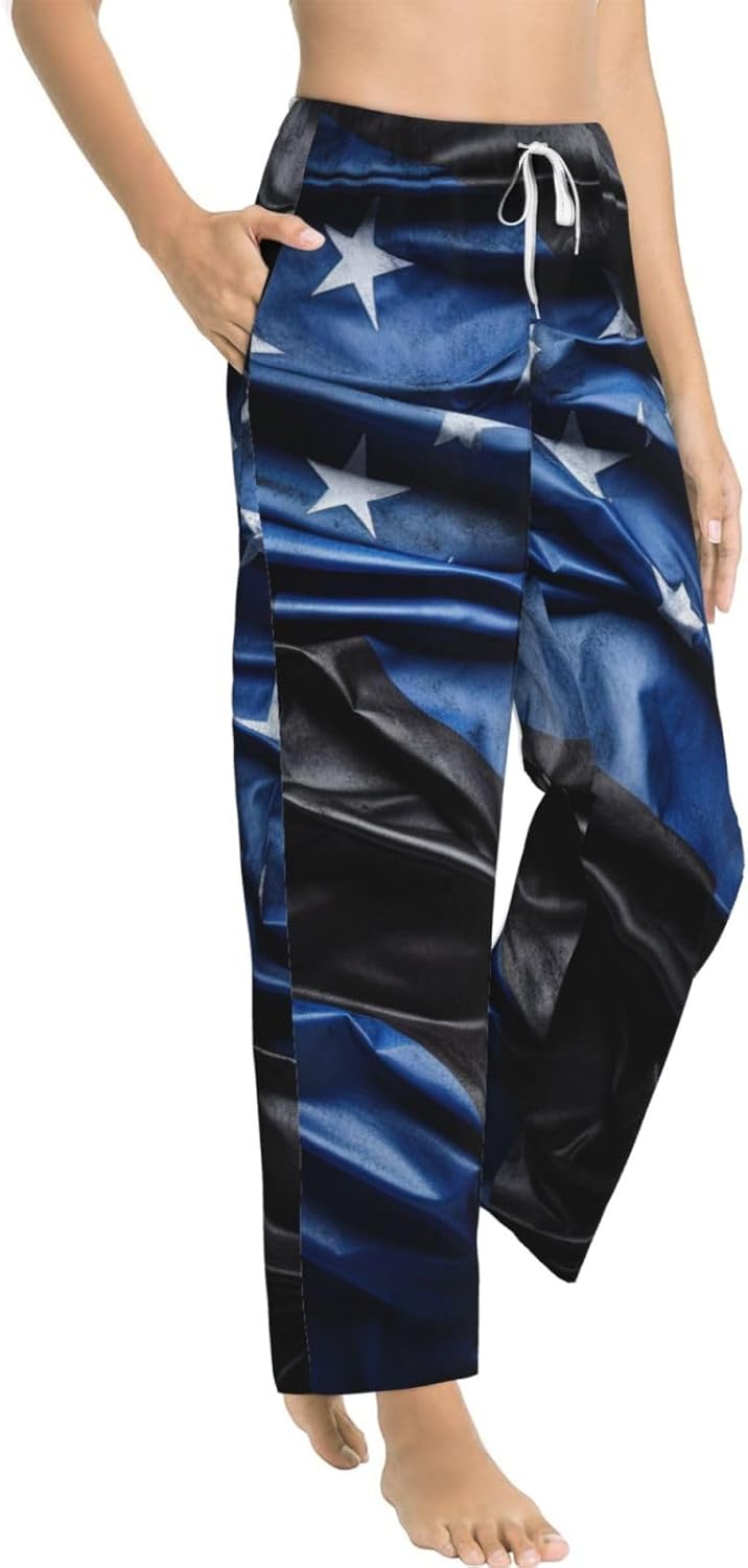 American Thin Blue Line Flag Print Fashion Cozy Womens Flannel Pajama Pants,Perfect For Christmas And Everyday Wear