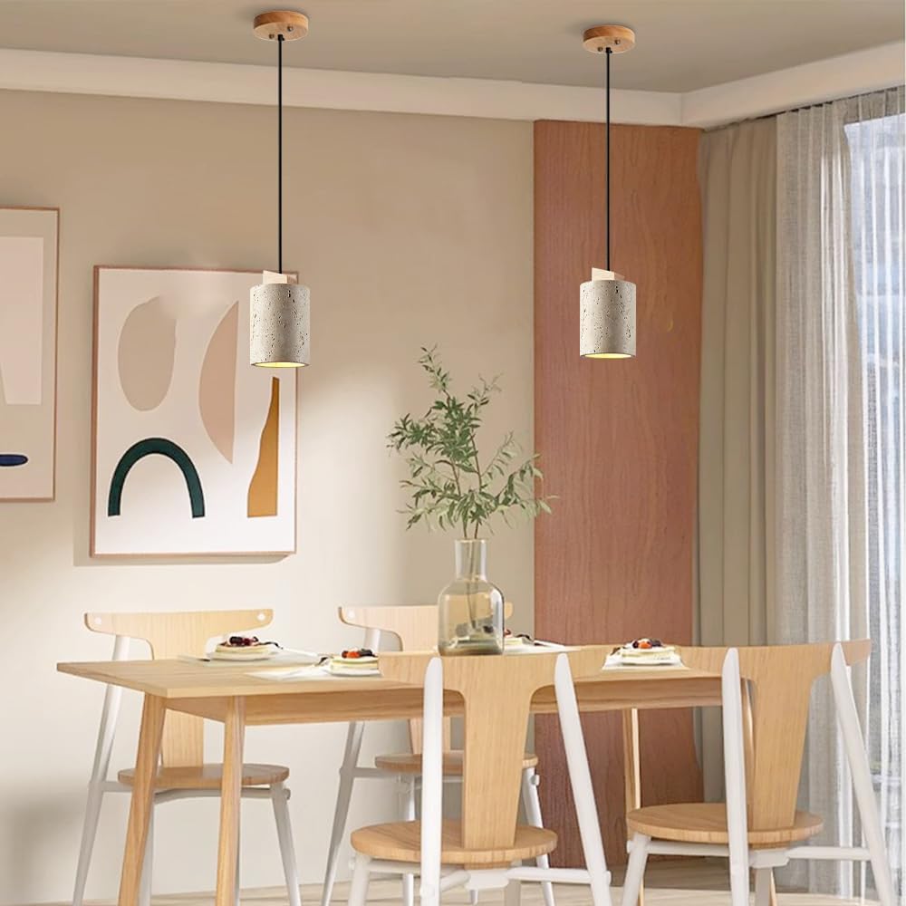 Nordic Wabi-Sabi Ceiling Light for Bedside, E27 Socket Cylindl Stchaner Farmhouse Travertine Droplight, Kitchen Island Dining Room Solid Wood Hanging Lamps (Brown)/Natural