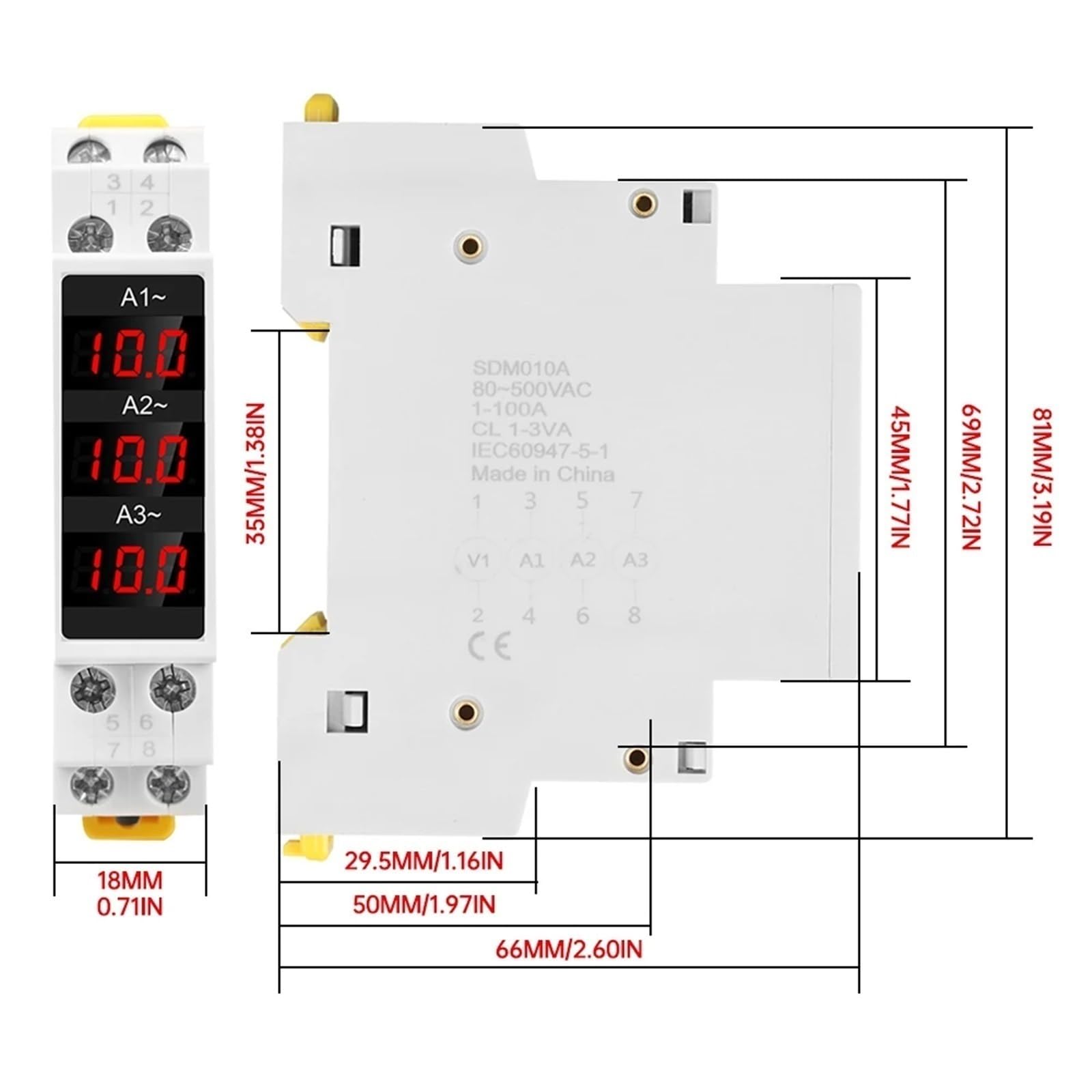 Amperomierz trójfazowy AC 80-500 V 1-100 A, cyfrowy wyświetlacz LED, tester prądu, typ szyny 35 mm, wbudowany miernik prądu SDM010A