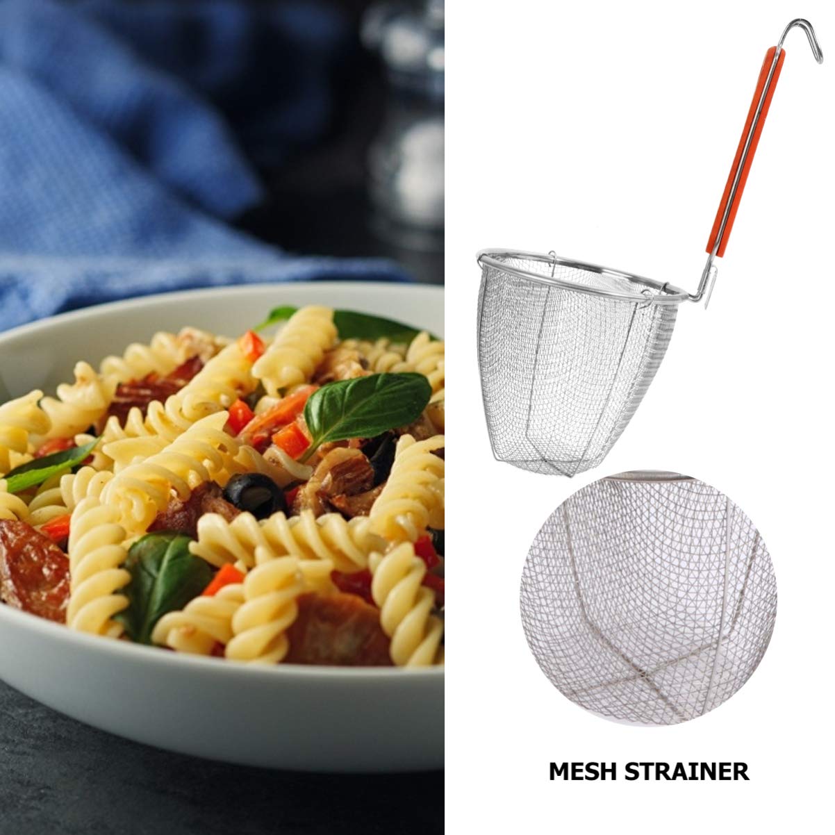 Colino per pasta per spaghetti, 2 pezzi a maglia fine, colino per alimenti, schiumarola, cucchiaio, colino per pasta, colini, colino a rete in acciaio inox, colino a rete, colino per pasta, colino p