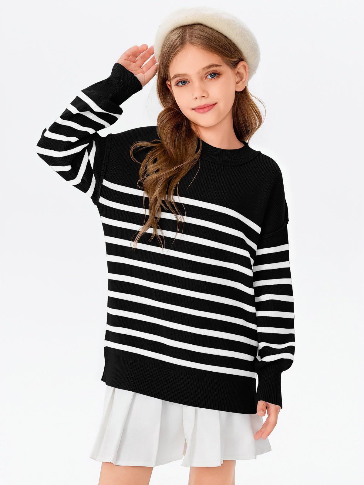 Haloumoning Suéter de gran tamaño a rayas para niñas otoño invierno moda manga murciélago cuello redondo acanalado ranura lateral suéter de punto