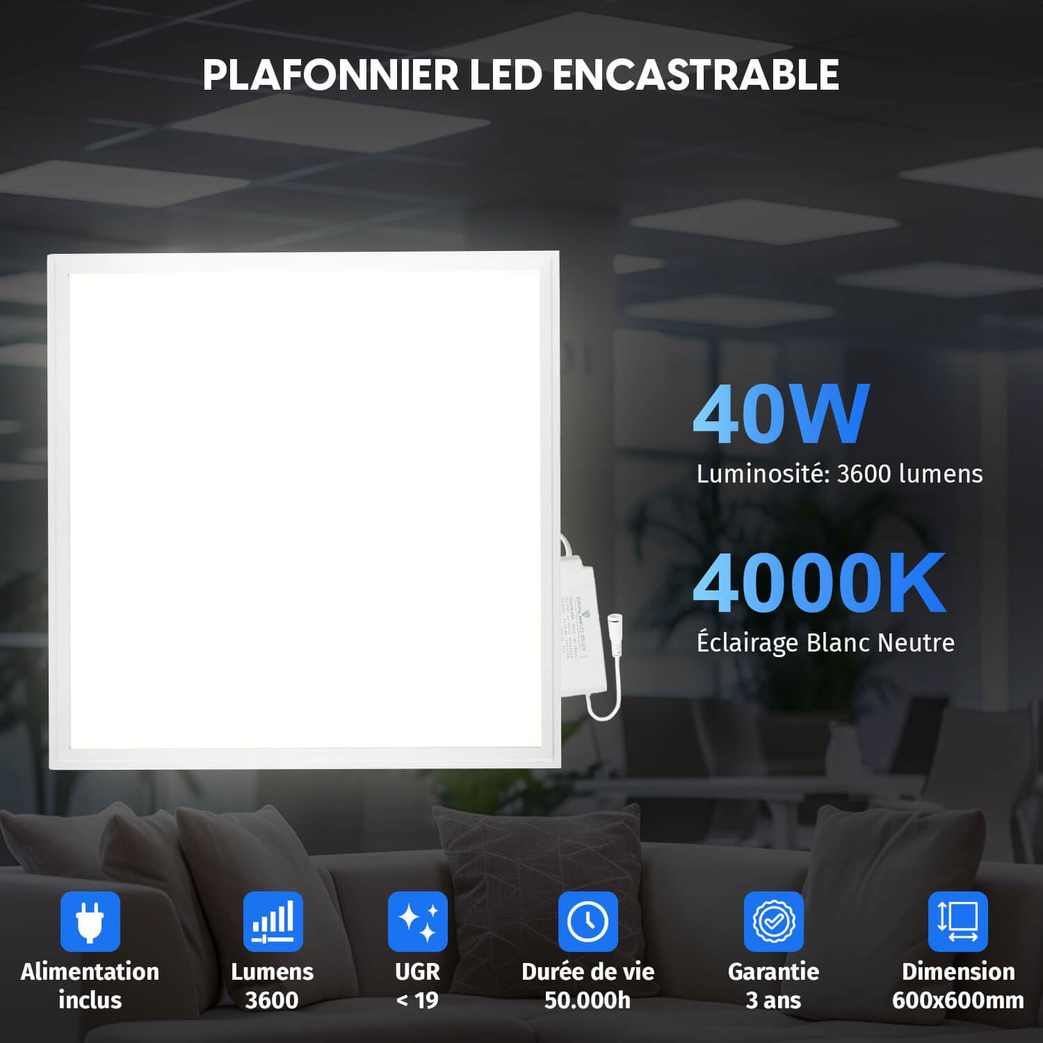 Europalamp - 4 Dalles LED PREMIUM Ultra Slim 600x600 40W Blanc Neutre 4000k