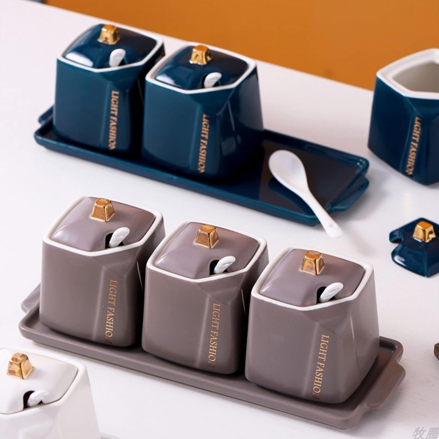 azucarero, azucarero de estilo europeo con tapa y cuchara, 3 juegos de azucarero, recipiente de azúcar, tarro de especias, bote de condimento for salero, botes de azúcar de café de cerámica coloridos-