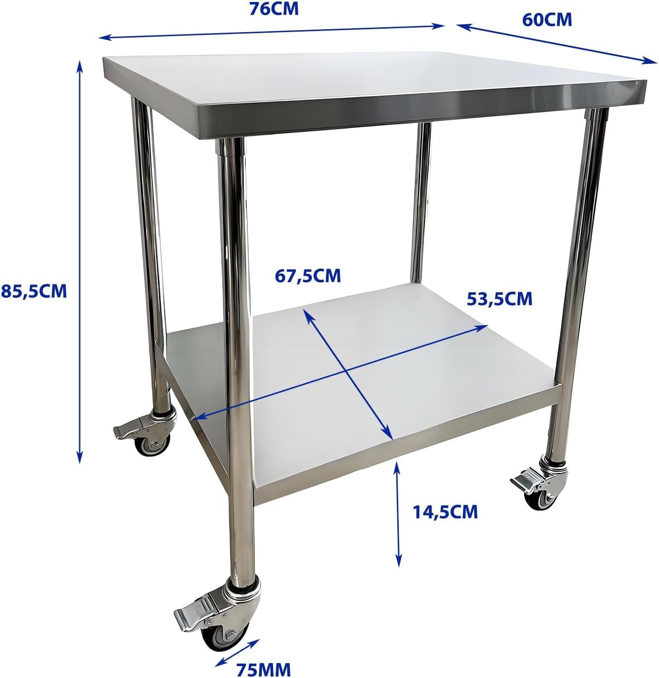 Edelstahl Küche Arbeitstisch Tisch 76x60x85cm ，2 Ebenen, mit Rollen, für Lebensmittelzubereitung Küche & Ablagefläche Multifunktionale Gastro Zubereitungstisch Grilltisch