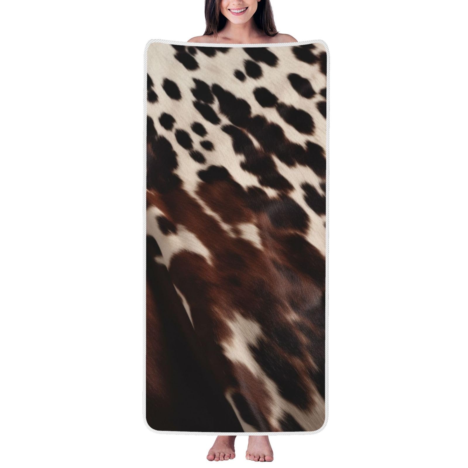 WPKJU Brown Cowhide Printed Bath Towel with White Edging - 27x55 in Soft Extra Absorbent Coral Velvet Shower Towels for Bathroom
