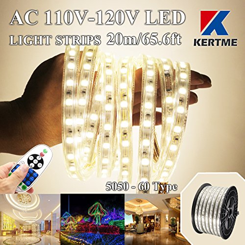 New Arrivals KERTME 5050-60 Type AC 110-120V LED Strip Lights, Flexible/Waterproof/Dimmable/Multi-Modes LED Rope Light + 23 Keys Remote for Home/Garden/Building Decoration (65.6ft/20m, Natural White 4000K)