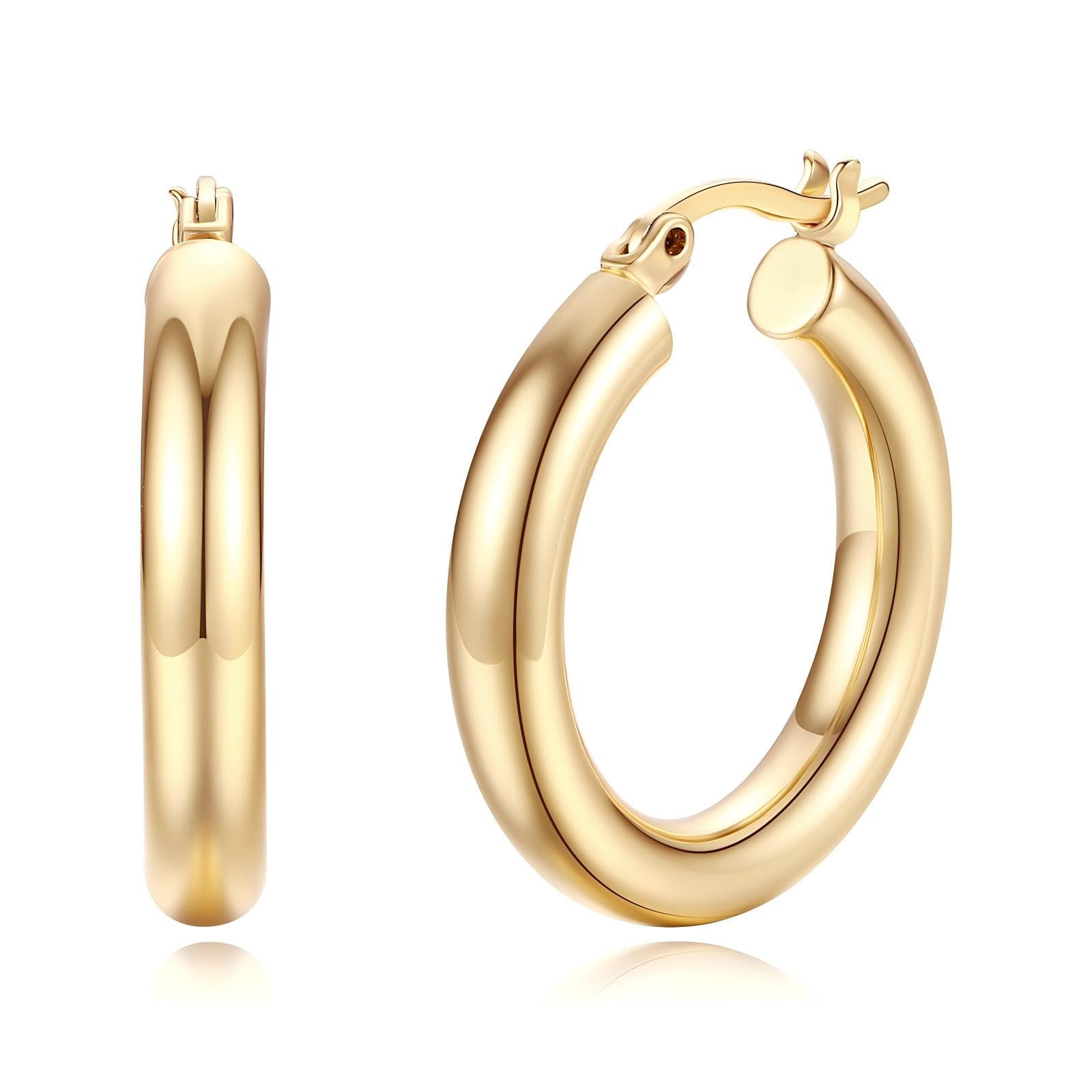 Ovnshery 14K Gold Hoop Earrings, Gold Hoop Earrings for Women, Classic Shiny Polished Earrings, Gifts for Mothers Day Valentines Anniversary Birthday