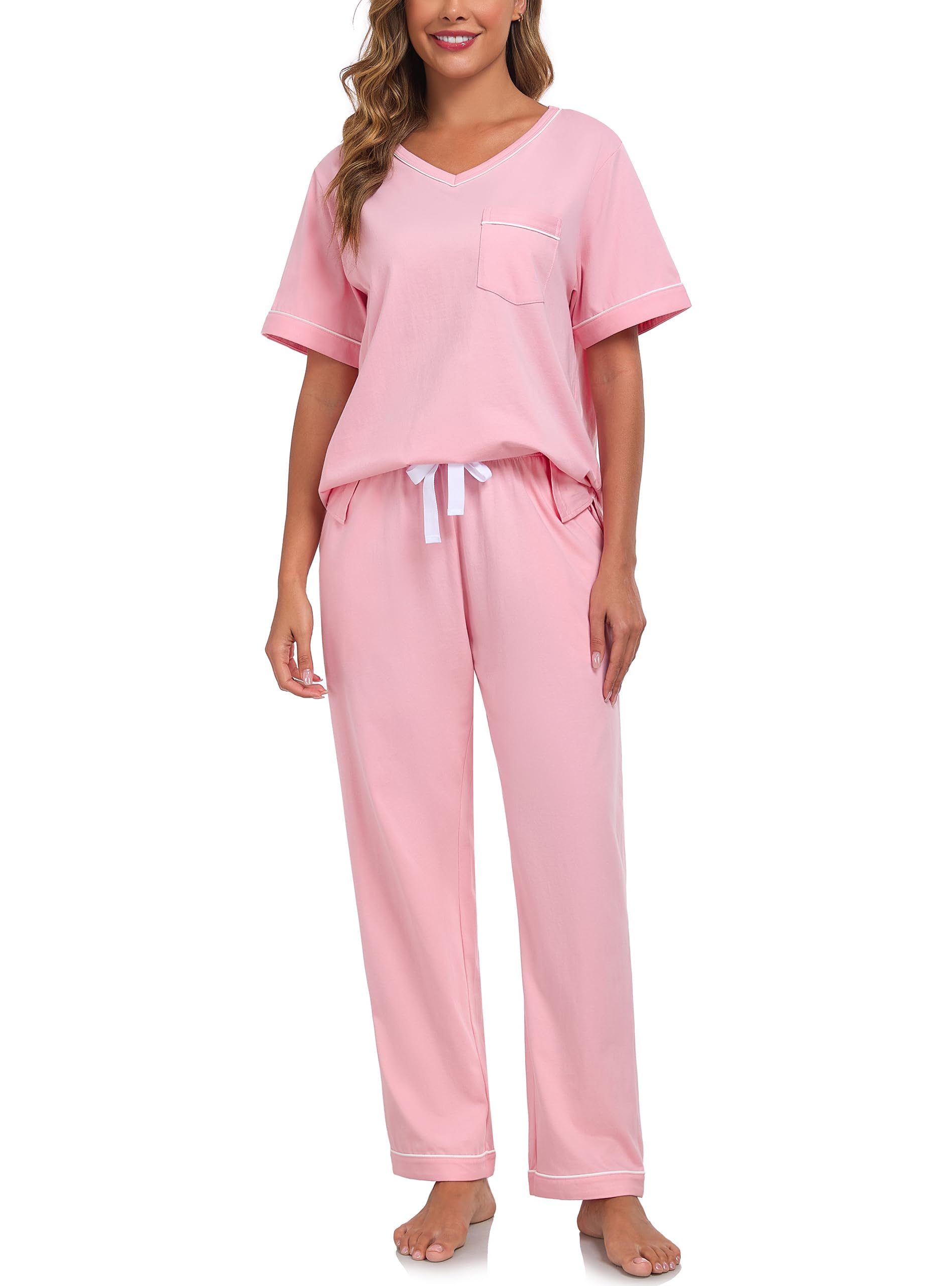 COLORFULLEAF 100% Cotton Pajamas for Women Set V Neck Short Sleeve Sleepwear Long Pajama Pants with Pocket 2 Piece Pjs Sets