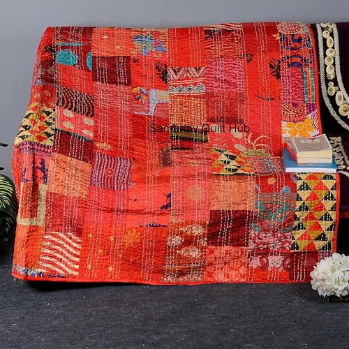 Handgefertigte Vintage-Sari-Patchwork-Kantha-Steppdecke, Vintage-Stil, dekorative Tagesdecke, Quilten, Hippie-Steppdecke, King-Size-Bett, Überwurf, Decke, Rot, 274 x 274 cm