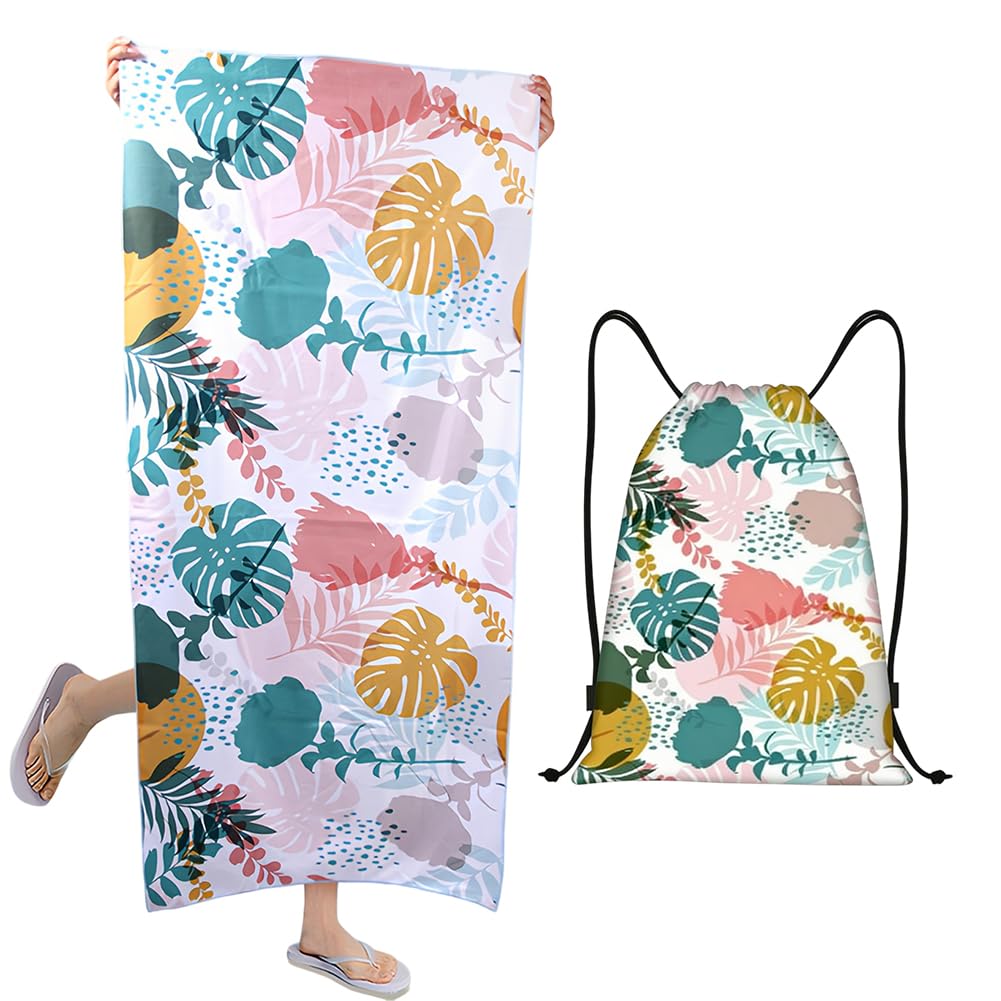 Quick Dry Beach Towels 160×80 Cm,Leaf Towel Microfibre Lightweight Towel with Drawstring Bags,Gym Backpack Swimming Pool Accessories,Travel Towels for Adults Kids ,Fast Drying Sand Free( (Pink2)