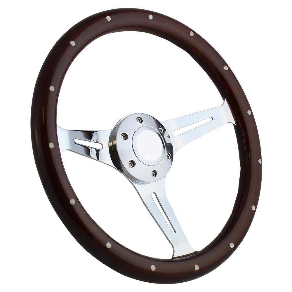 ForeverSharp 14 Inch Chrome Steering Wheel with Riveted Dark Wood Grip and Slotted Spokes
