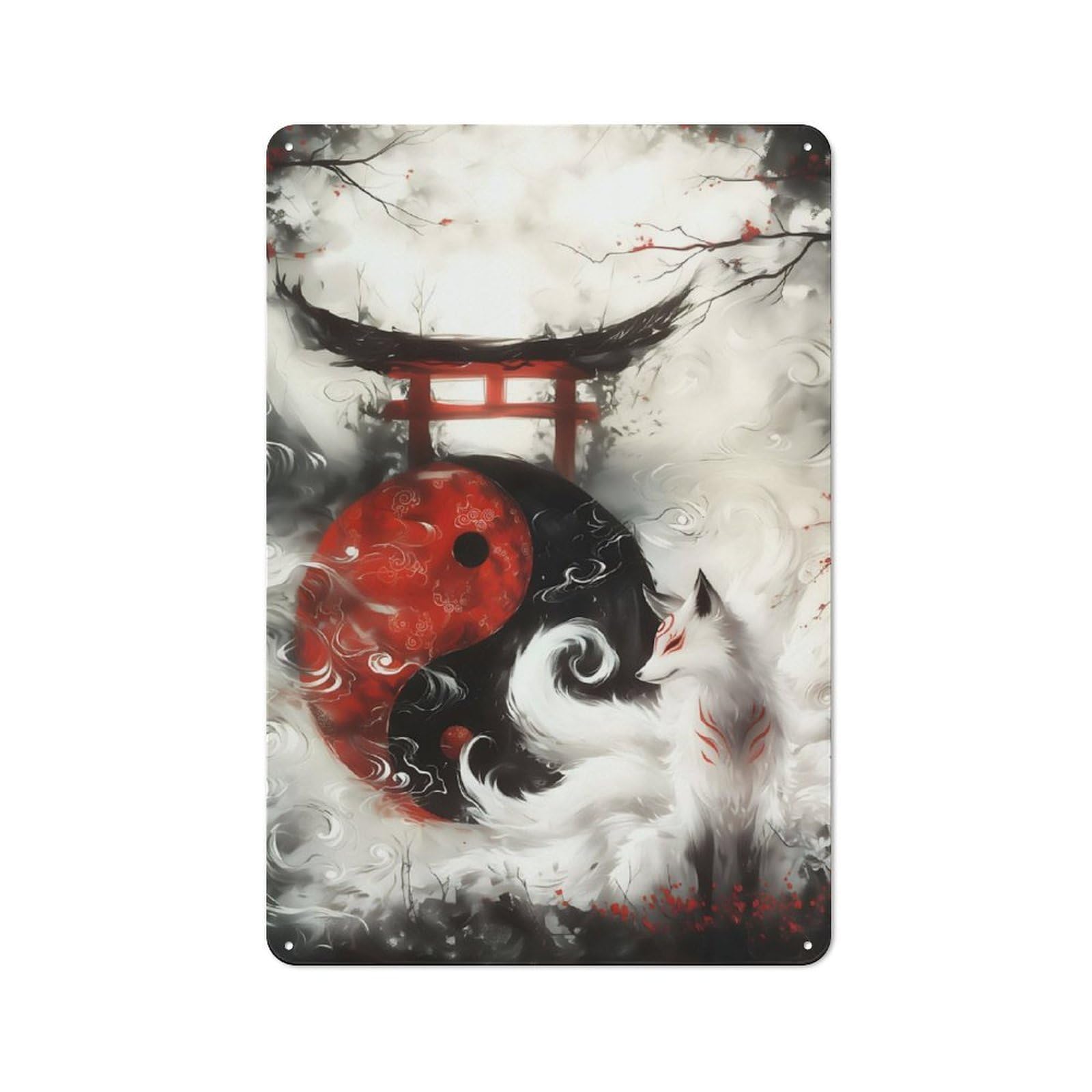 Junmoney Yin And Yang Torii Kitsune Vintage Vintage Tin Sign 30X20cm Featuring Cafe Wall Decor For Coffee Bar, Kitchen, Bistro Or Tea Corner
